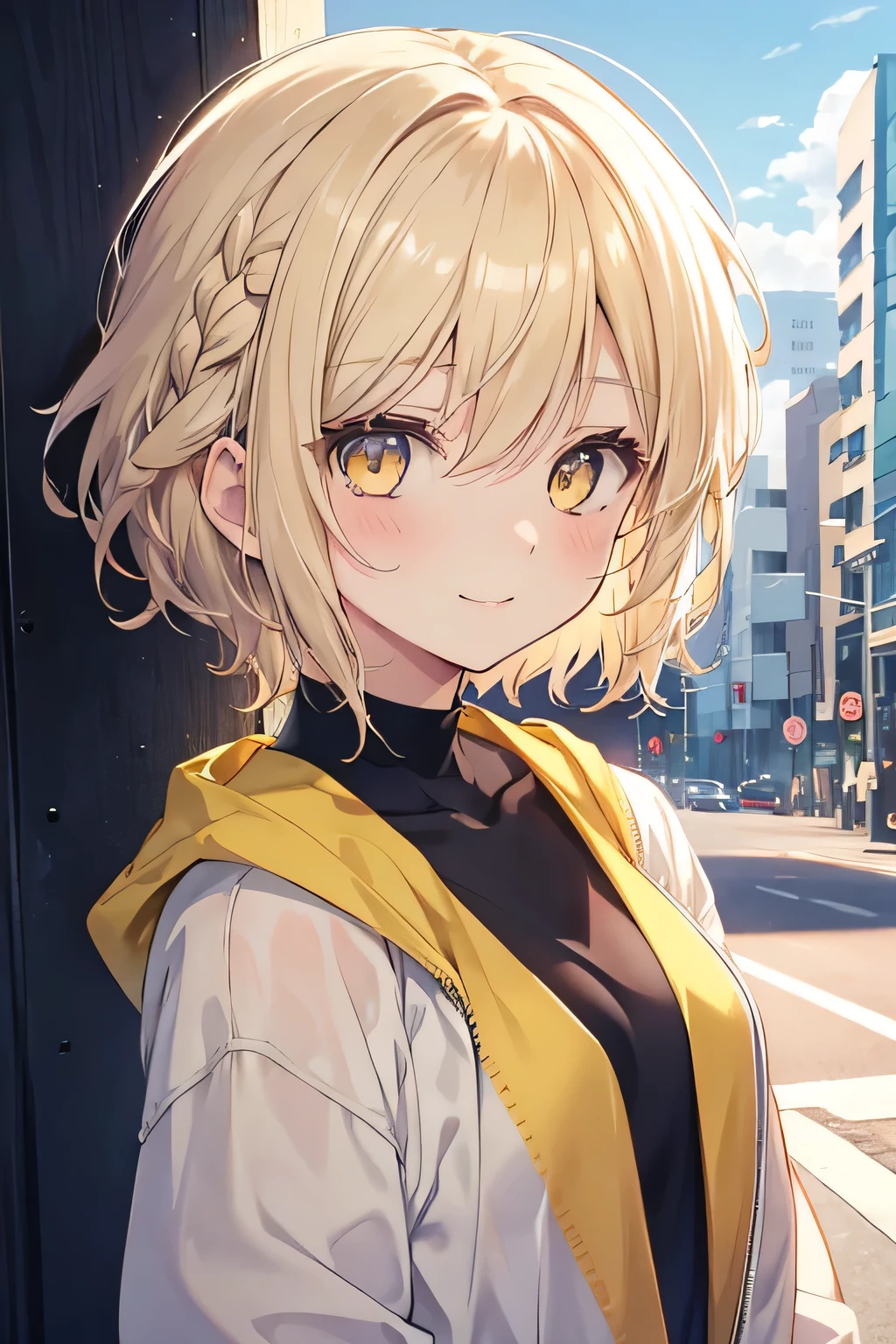 girl, cute anime girl, smiling, beige hair, short hair, hair in a braid on the side, messy hair, light yellow eyes moe style anime
