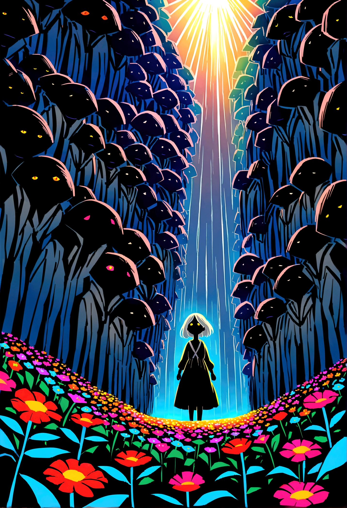 A vibrant flower blooms on the dirty ground of a large gray avenue. A crowd of gray, soulless people crosses the streets. A colorful , glowing with bright hues, stands protectively over the flower, protecting it with her little hands and determined eyes. Sunlight breaks through the dark clouds. Studio Ghibli style