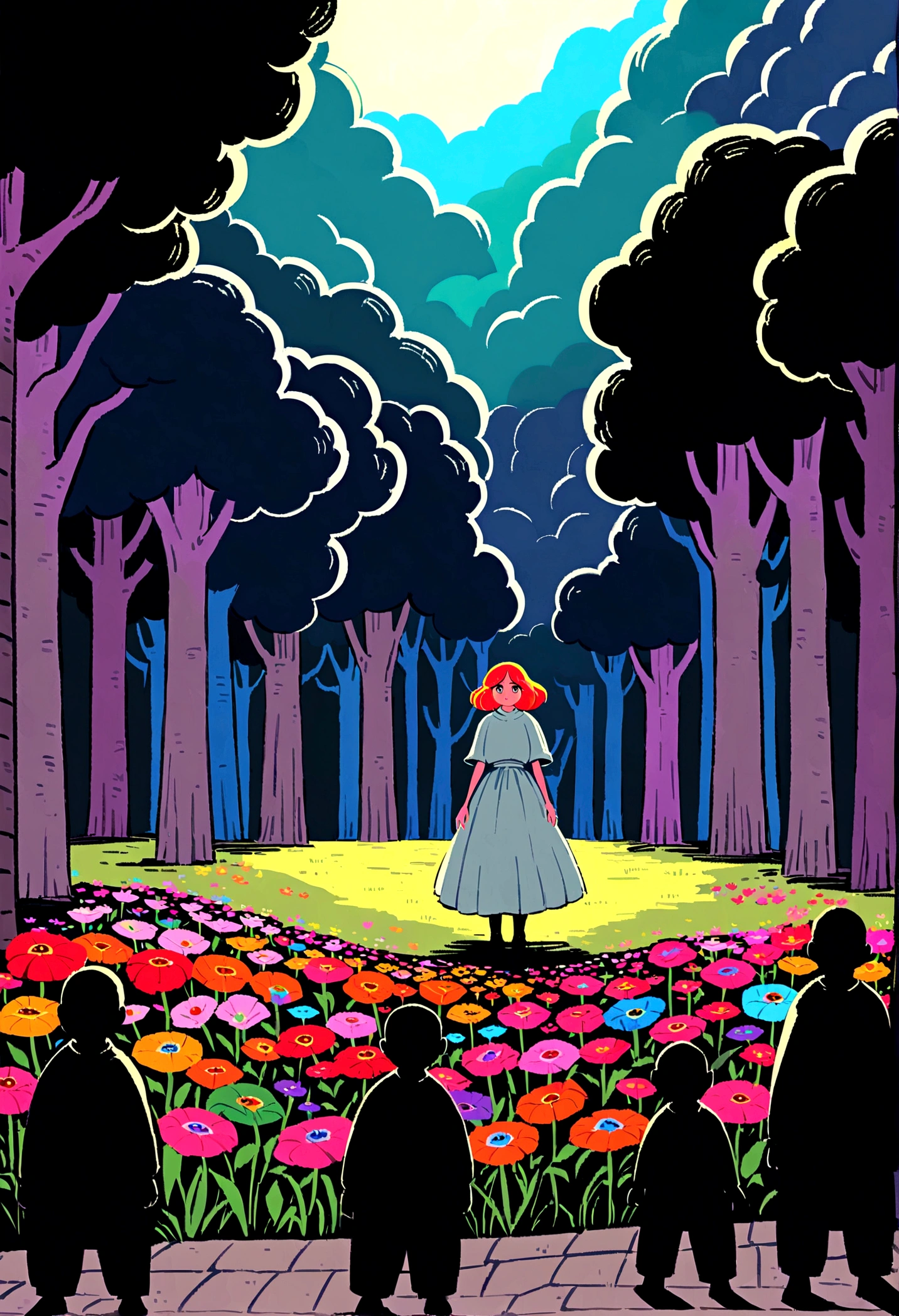 A vibrant flower blooms on the dirty ground of a large gray avenue. A crowd of gray, soulless people crosses the streets. A colorful , glowing with bright hues, stands protectively over the flower, protecting it with her little hands and determined eyes. Sunlight breaks through the dark clouds. Studio Ghibli style