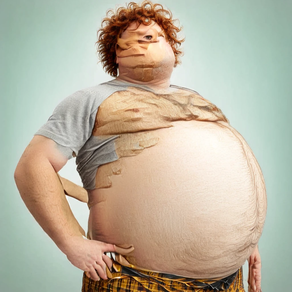 Fat Handsome man in small shirt With  
Huge  beer belly
