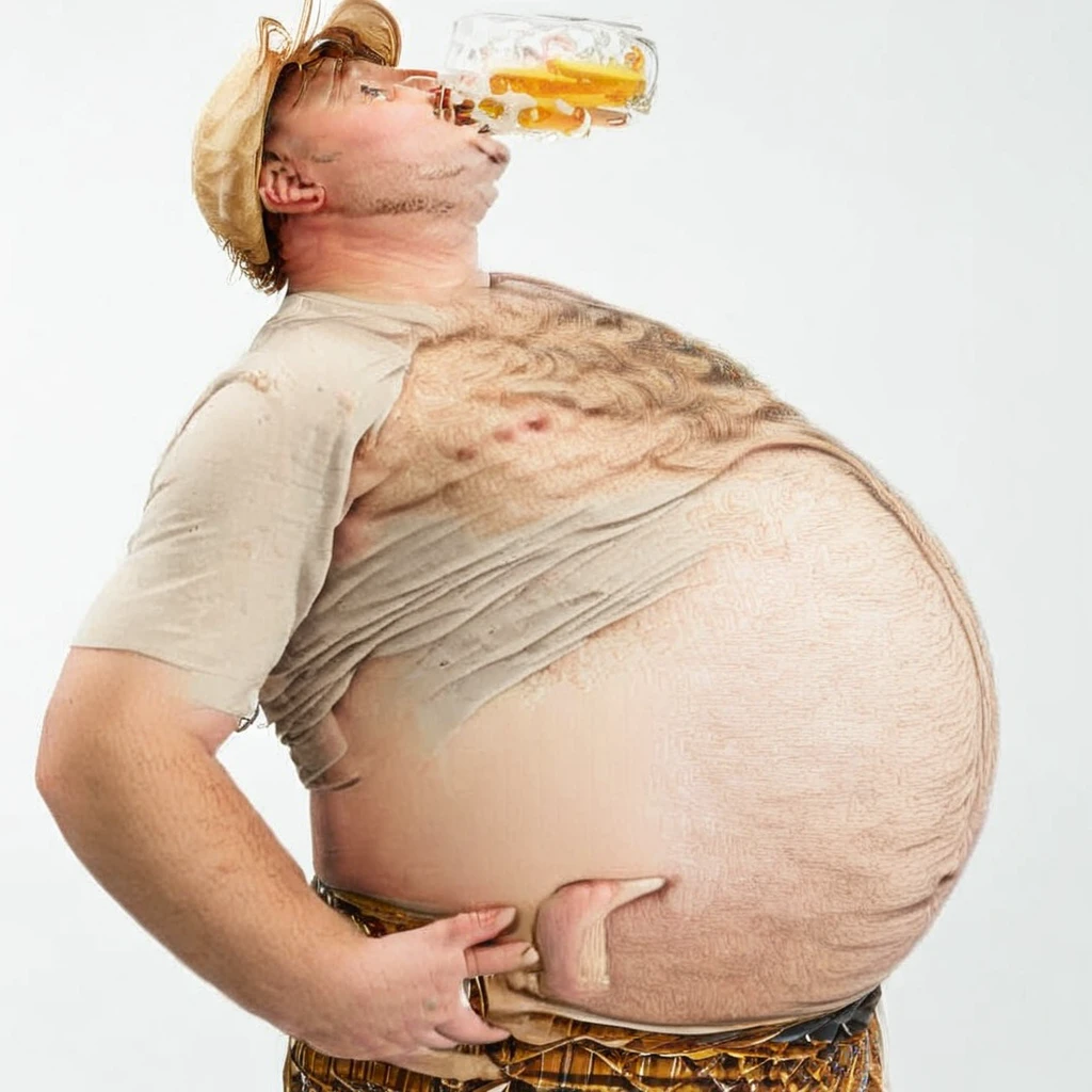 Fat Handsome man in small shirt With  
Huge  beer belly
