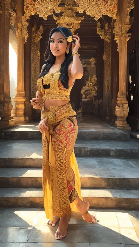 An image of a captivating Balinese girl, her radiant features illuminated by the golden light of the Majapahit palace, singing with soul-stirring passion amidst the ancient architecture, rendered in stunning detail and ultra-realistic 10k resolution, in the style of traditional oil painting, watercolor, and pastel, reminiscent of the masterpieces of Impressionism, Cubism, and Surrealism.