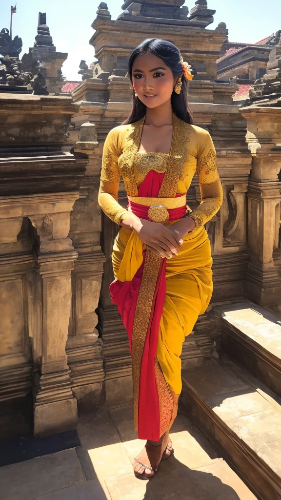 An image of a captivating Balinese girl, her radiant features illuminated by the golden light of the Majapahit palace, singing with soul-stirring passion amidst the ancient architecture, rendered in stunning detail and ultra-realistic 10k resolution, in the style of traditional oil painting, watercolor, and pastel, reminiscent of the masterpieces of Impressionism, Cubism, and Surrealism.