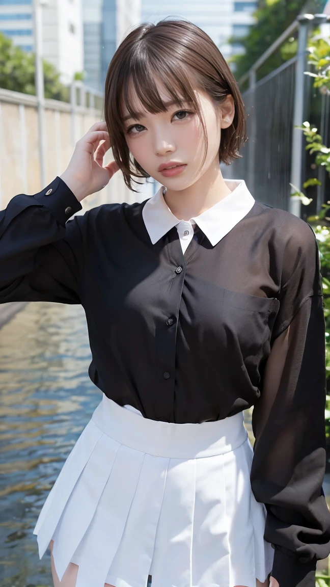 (One woman), short bob, 18 years old, Japanese, brown eyes, brown hair, slim figure, flat chest, high school girl, school summer uniform
Blake
Facial expression and background
Her whole body got wet from a sudden rain, and her blouse became transparent, giving a faint glimpse of her bra