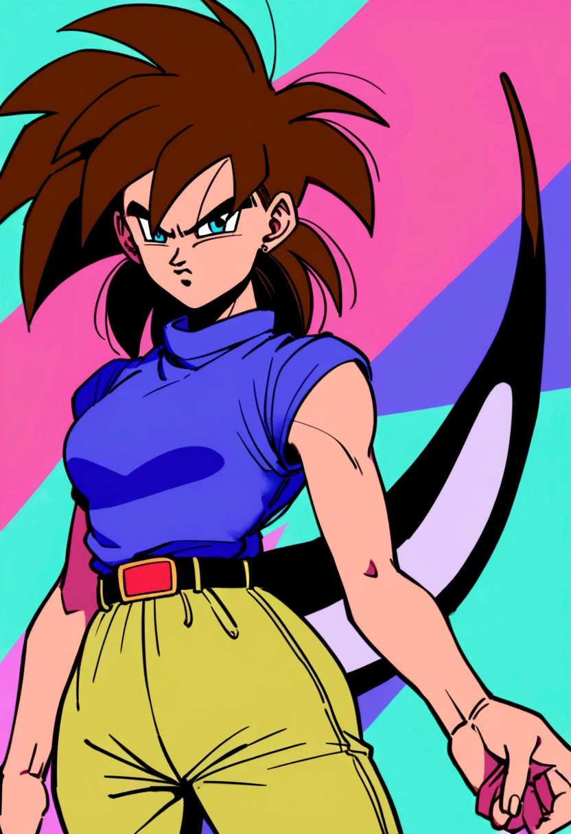 80s dragon ball style, slender , short, saiyan woman, long brown hair with bangs, blue eyes, mokey tail, determined look, casual 80s clothing