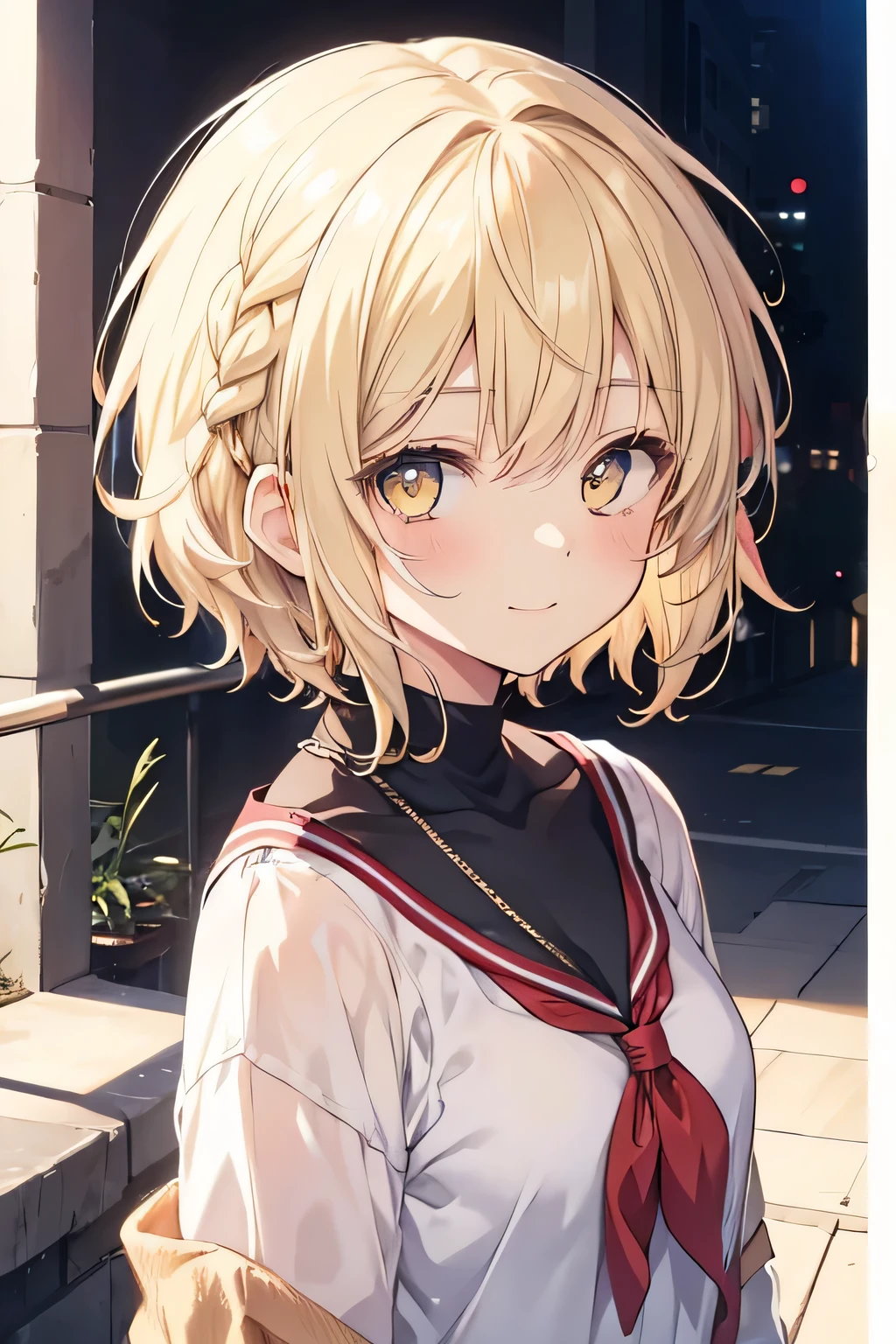 girl, cute anime girl, smiling, beige hair, short hair, hair in a braid on the side, messy hair, light yellow eyes moe style anime