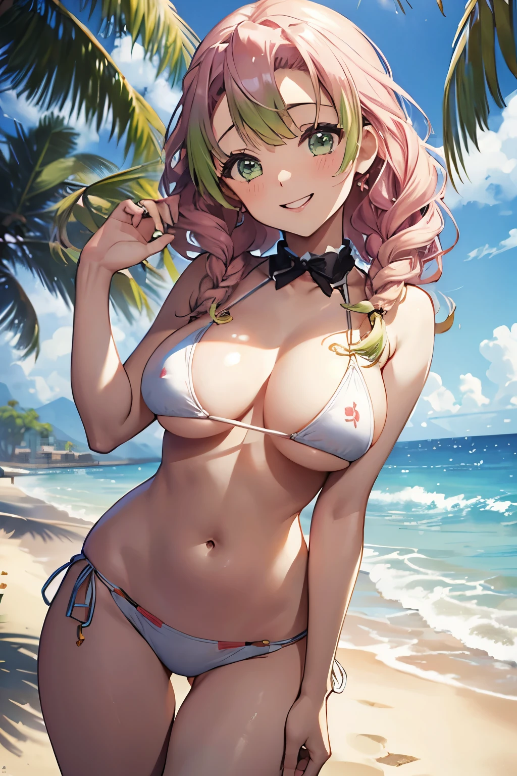 (8K、masterpiece、Highly detailed background、high resolution)、(Mitsuri Kanroji)、Cleavage、(beach、White Bikini、Swim ring、Gravure pose、Embarrassed smile、Nipple protrusion)