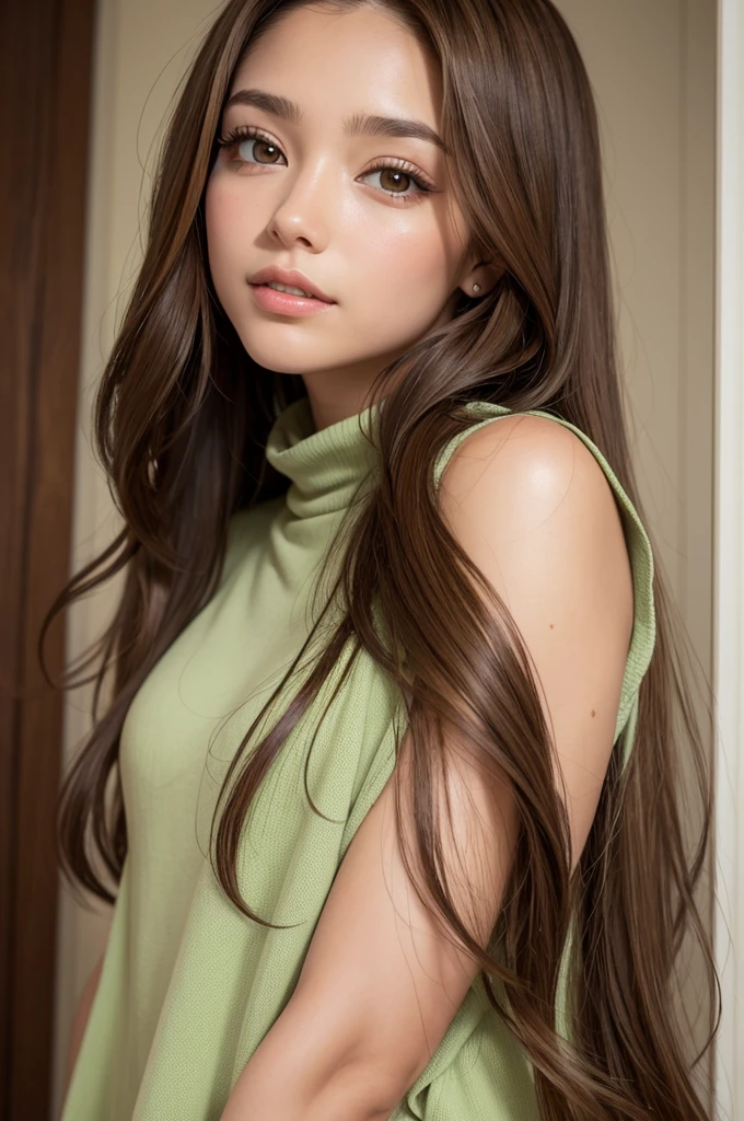  with long brown hair and honey colored eyes and a little green with a height of 160 