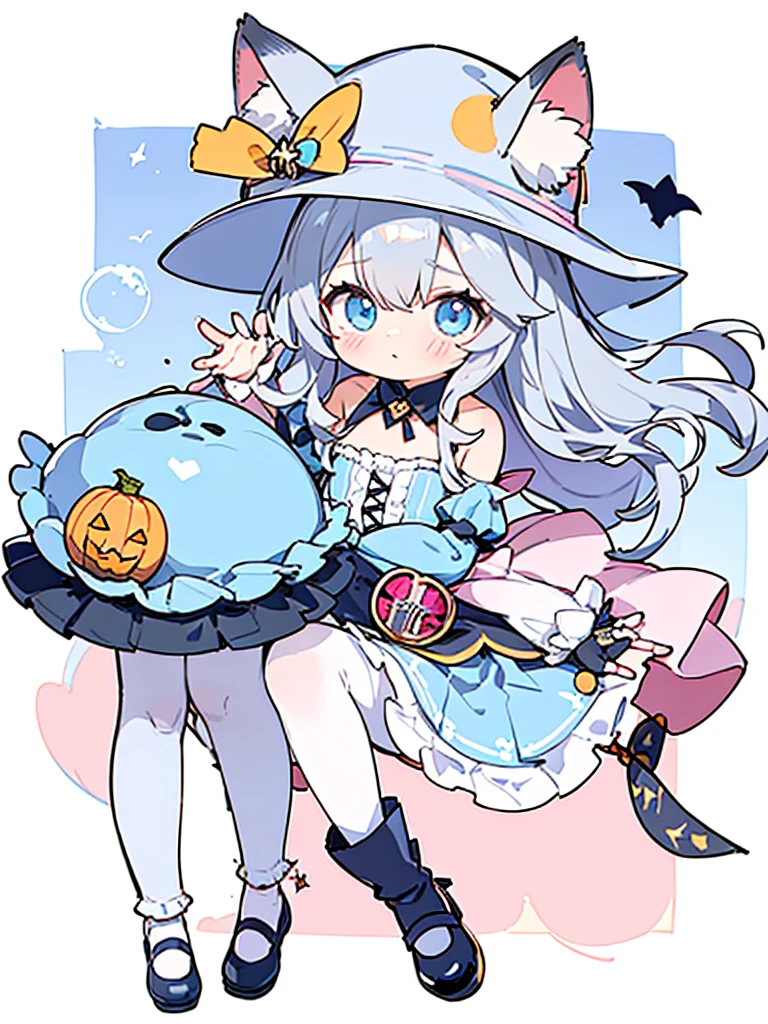 female、Wizard, light blue eyes、Wear Mary Jane shoes，The shoes have a pair of small wings., bijouterie，Pose for a photo，long hair、wavy hair，canine，shy，blush，Hot，Halloween，shooting star background、masterpiece、Best image quality、top quality、Witch Suit、witch hat、超long hair，fox ears，gray hair，(Black pantyhose)，blue eyes、exquisite eyes、Beautiful girl、Chubby cheeks、Cute dress、puffy sleeves、Ruffled skirt、pink ribbon、cute、change、black leg ring，off shoulder strap changeta,