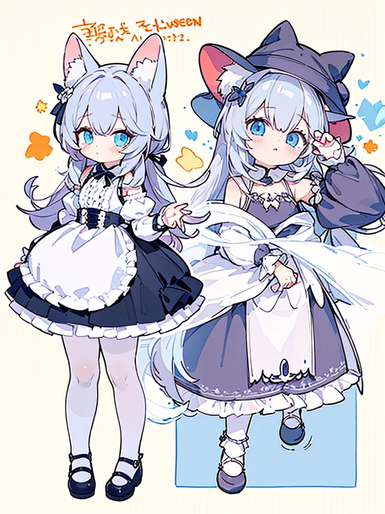 female、Wizard, light blue eyes、Wear Mary Jane shoes，The shoes have a pair of small wings., bijouterie，Pose for a photo，long hair、wavy hair，canine，shy，blush，Hot，Halloween，shooting star background、masterpiece、Best image quality、top quality、Witch Suit、witch hat、超long hair，fox ears，gray hair，(Black pantyhose)，blue eyes、exquisite eyes、Beautiful girl、Chubby cheeks、Cute dress、puffy sleeves、Ruffled skirt、pink ribbon、cute、change、black leg ring，off shoulder strap changeta,