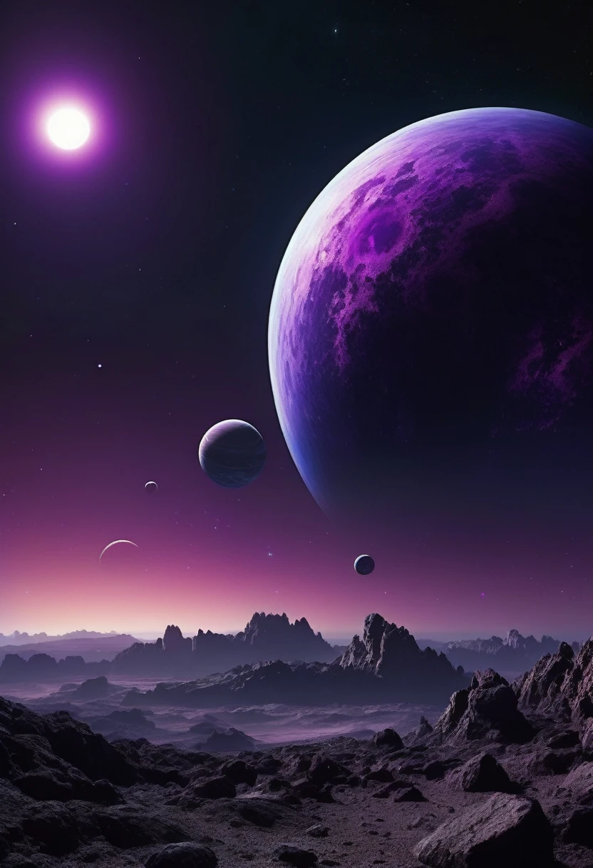 create a view of two dark purple rocky planets superimposed in dark nighttime outer space seen from the surface of a rocky planet at night in the distance, space is dark and you can only see one side of the planets through the dense atmosphere, total dark, dark horizon, penumbra, as realistic as possible, the sun is out of the picture