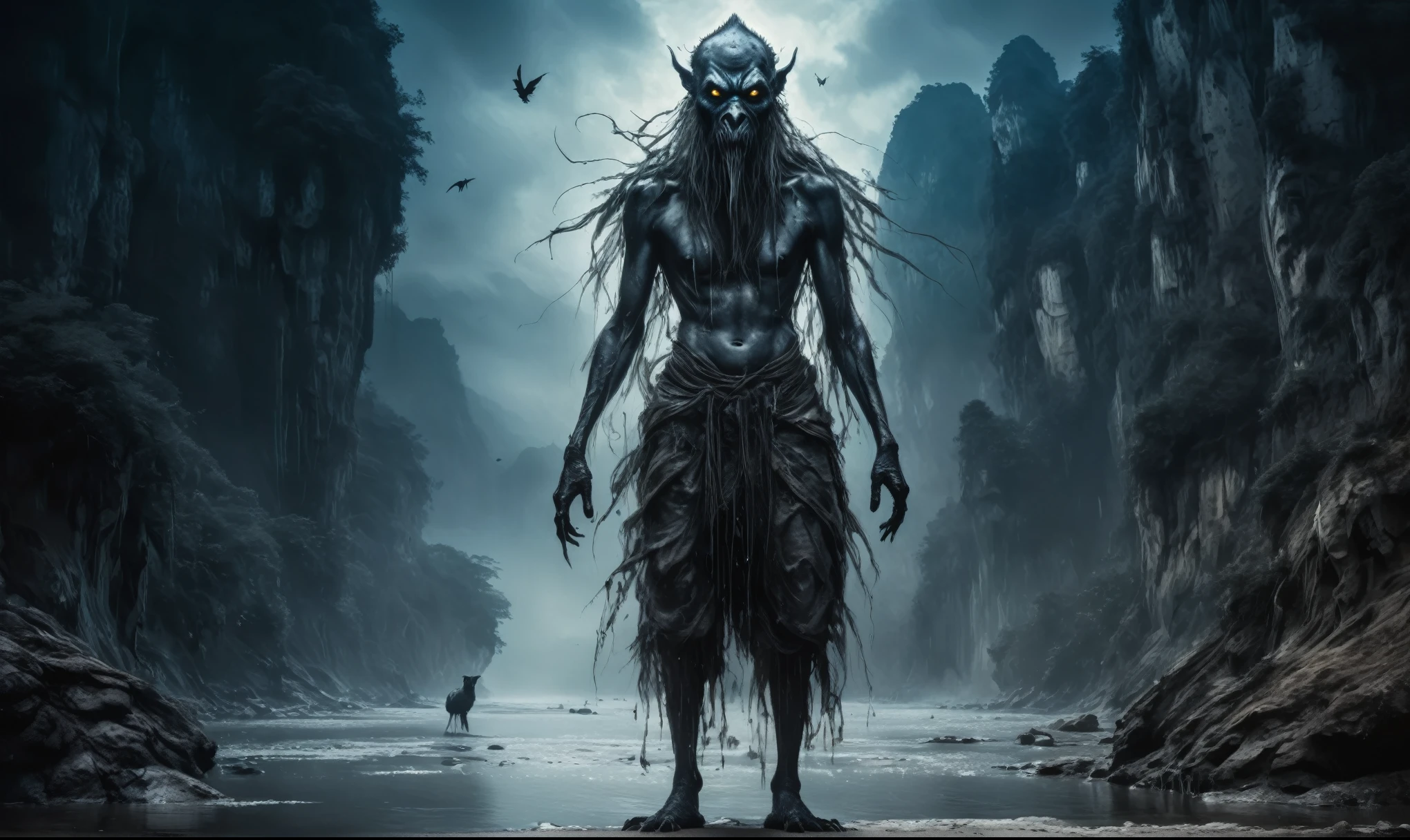 full body length shot,beggar graphite Manganite sparas, wants eat,survival in Korean city of future,Cinematic,soft colors, Technicolor,natural skin textures, hyper realism, hyper detailed,Extremely detailed,High contrast,Masterpiece,Realistic,Ultra Detailed, intricate details,realistic humid leather,extremely intricate,Epic Realistic, cinematic style,irina yermolova,high contrast,hdr,extremely detailed, [deep night landscape],masterpiece,intricate details,faded,eyes extremely detailed, high detailed eyes,16k resolution,RAW,retina, Nikon Z9,China,Songbird,orc,Li River in Guangxi Zhuang of China,tkt style, Pisces, pointed ears，perfect, ginger，transition between two art styles, Ink painting to photorealism, Double contact, X-ray, Creative, vivid light, masterpiece, fantasy, Abstract, Surrealism, super detailed, high resolution, stop:35,(((creature with a spectral and ghostly appearance)). Her skin is pale, almost translucent.strange wears dark, torn clothes that float around him, as if permeated by an aura of mourning. Its appearance is complemented by details such symbols of  gothic elements, further emphasizing its dark air. is photo as a haunted and tormented entity,{creature}