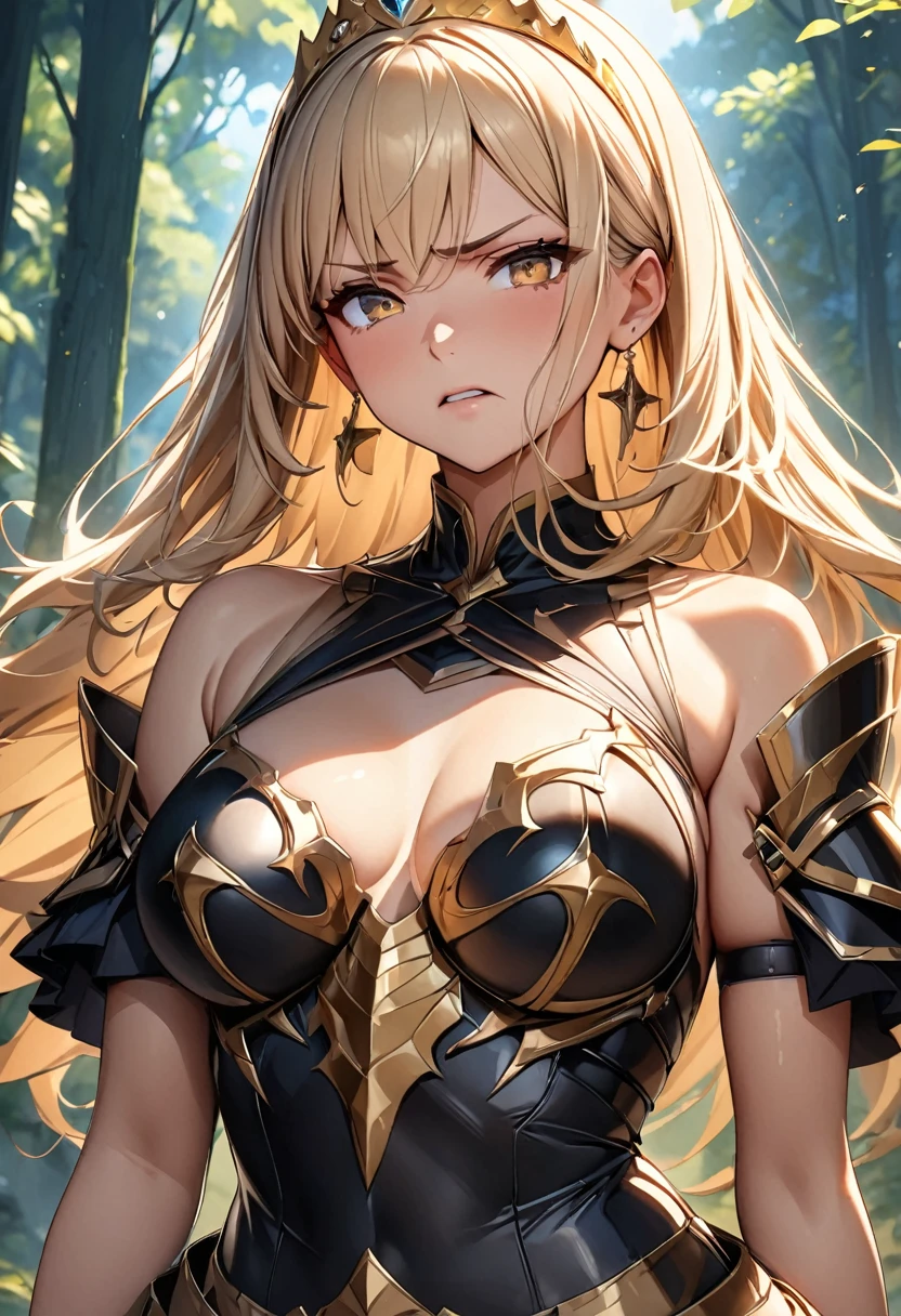 (Perfect Anatomy)、Mastepiece、Ultra High Quality、 8K、masterpiece、Highest quality、Ultra-high resolution、Maximum resolution、Very detailed、Professional Lighting、anime、Adult female、thin、so beautiful、Highly detailed eye、Highly detailed face、Armored Dress, Red and black armor, , Golden decorated luxury tiara，Red earrings，Frilly Armor，Golden Hair, Golden Eyes，White underwear、forest, Equipped with a bow and arrow, female archer, Archer, Defeat the enemy on the battlefield, angry, 独奏 / 1girl、Speedy movement