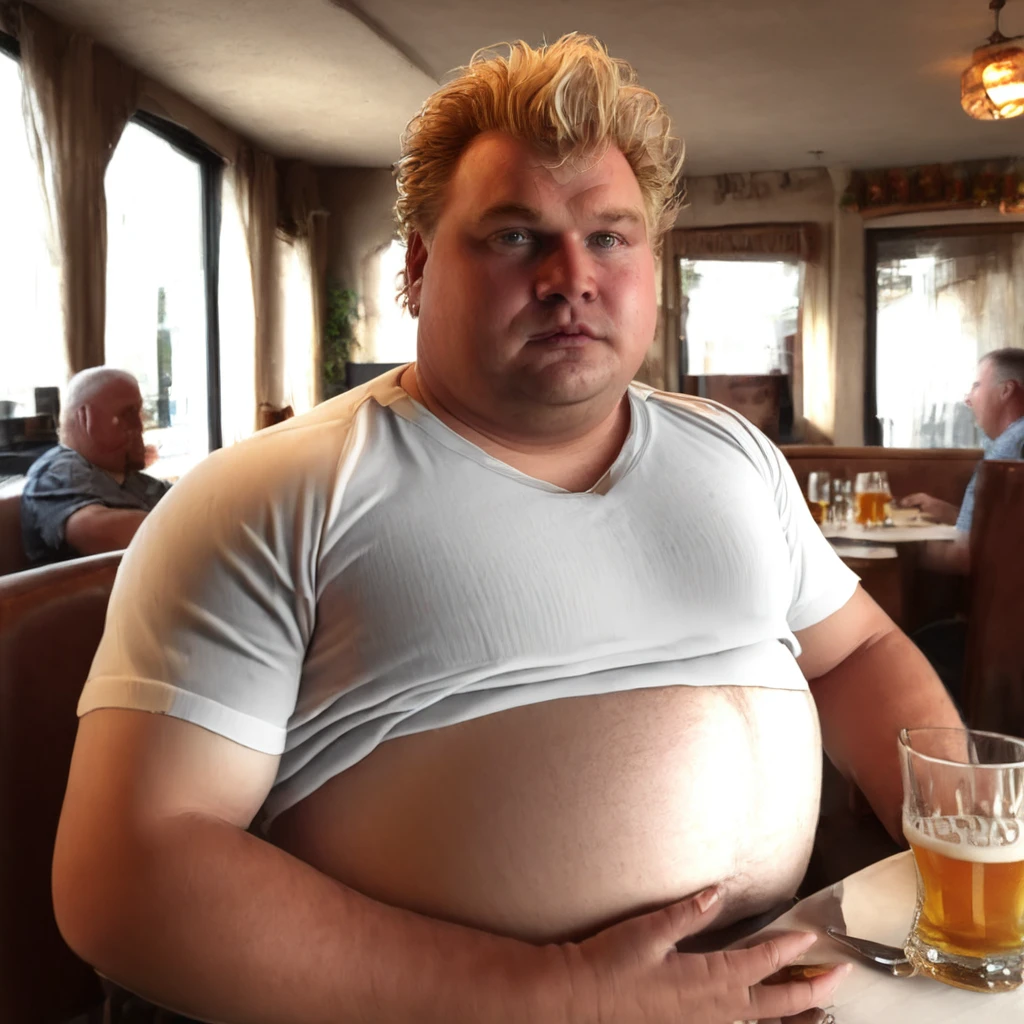 a handsome fat blonde man in a restaurant,1man,detailed facial features,detailed eyes,detailed lips,detailed nose,detailed face,extremely detailed facial features,beer belly,sitting at table,photorealistic,realistic,8k,detailed lighting,cinematic lighting,dramatic lighting,dramatic shadows,warm colors,golden hour lighting,elegant restaurant interior,high quality,extremely detailed,masterpiece