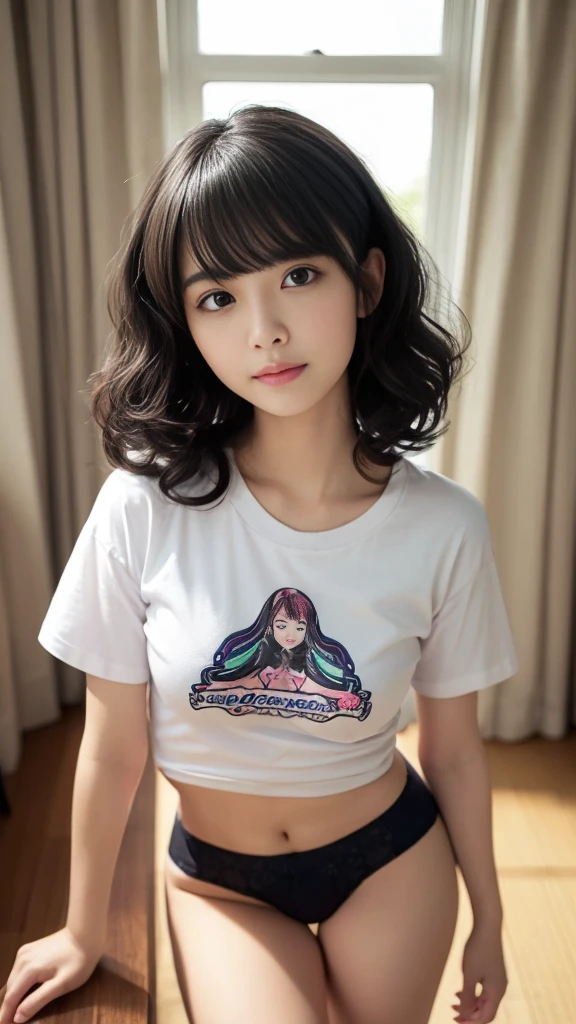 (highest quality, Very detailed, masterpiece:1.2), 1 female, very thin body, Long, slender legs, ((Black wavy Short Hair:1.2)), ((Thick and fluffy bangs)), Very detailedな顔,faint smile, Small, thin nose, small thin mouth, Extremely sharply focused eyes, Japanese, Beautiful Face, Realistic eyes, Beautiful and beautiful eyes, Realistic Skin, Beautiful Skin, charm, (A vivid face), Beautiful Hairstyles,In underwear,(T-Shirts,panties panty pull),((ロッカールーム))
