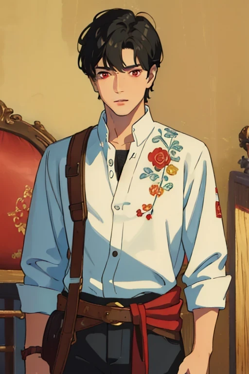 (Masterpiece:1.4), (best quality:1.2), (illustration:1.2), detailed face, 1boy, rustic clothes, black hair, short hair, upper body, cowboy shot, stern face, red eyes.