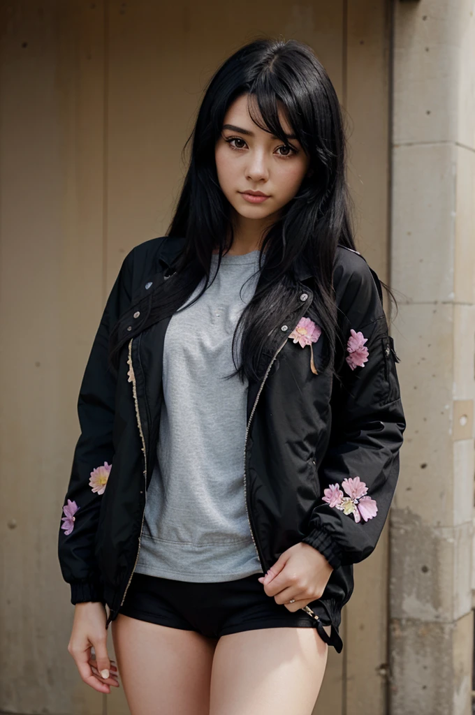 Anime woman with black hair holding flowers wearing a black jacket in pastel skin colors