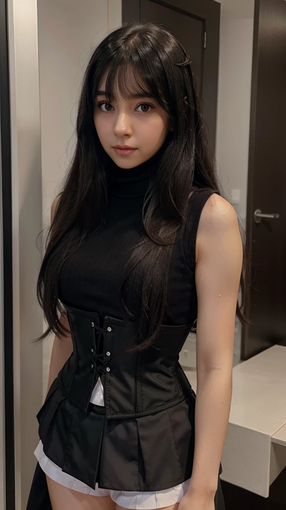 Pretty girl,  small nose, angelic faceBlack hair, long hair and bangs, Sleeveless blouse, lilac turtleneck, and corset like Hinata hyuga