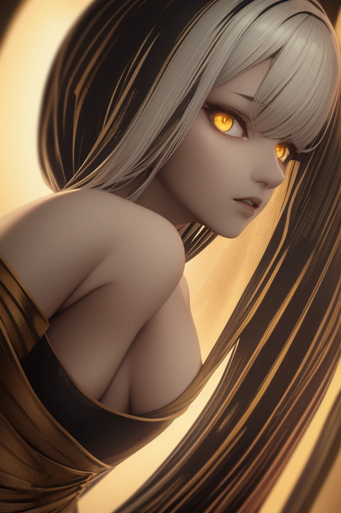 anime woman, pale skin, white hair, yellow eyes, doll cracks with golden light, spirals, cosmic horror, alluring, scary, love eyes, best quality, 4k, 8k, highres, masterpiece:1.2, ultra-detailed, realistic, photorealistic, photo-realistic:1.37, HDR, UHD, studio lighting, ultra-fine painting, sharp focus, physically-based rendering, extreme detail description, professional, vivid colors, bokeh, portraits, horror, sci-fi, concept artists, dark, moody, dramatic, ethereal, mesmerizing, captivating