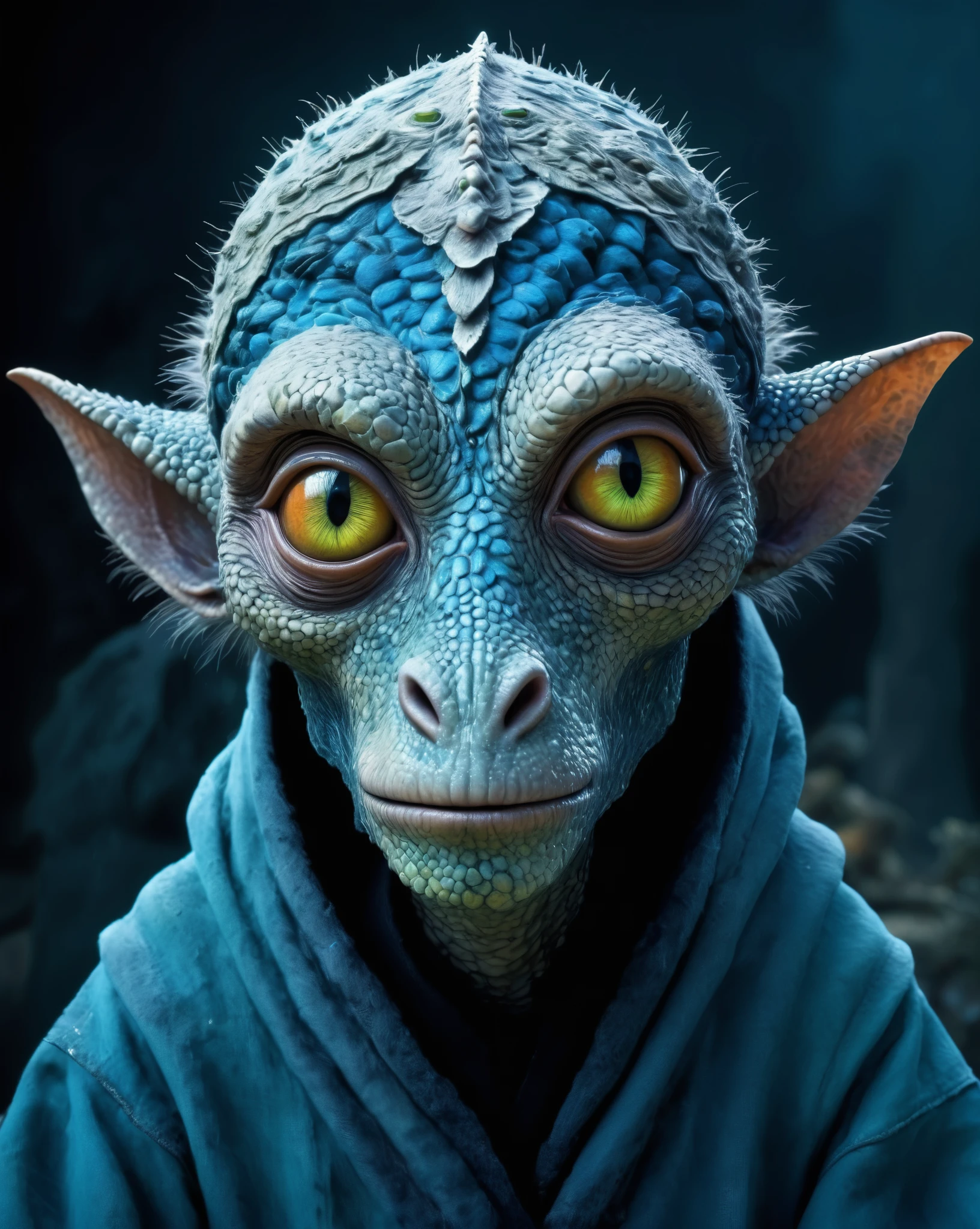 full body shot of full body shot of psychedelic style of A beautiful tander alien female creature with face fully covered lizard scale with fluffy eyes embedded into a canvas,The iris looks weird, attractive, (the eyelid is covered with sparkling lizard scales), The stars  in space is reflected in the pupil, goose down eyelashes, long wavy red luminescent hair, sadistic smile:1.1, she is dressed in baggy clothes, sitting on a bench outside the house of dwarves in the setting of the Lord of the Rings,  . Whole outfit, clear, sharp, balanced,insanity clothing,full body length shot,beggar graphite Manganite sparas, wants eat,survival in criminal city of future,Cinematic,soft colors, Technicolor,natural skin textures, hyper realism, hyper detailed,Extremely detailed,High contrast,Masterpiece,Realistic,Ultra Detailed, intricate details,realistic humid leather,extremly intricate,Epic Realistic, cinematic style,irina yermolova,high contrast,hdr,extremely detailed, [deep night landscape],masterpiece,intricate details,faded,eyes extremely detailed, high detailed eyes,16k resolution,RAW,retina, Nikon Z9,China,Songbird,orc,Li River in Guangxi Zhuang of China,tkt style, Pisces, pointed ears，perfect, ginger，transition between two art styles, Ink painting to photorealism, Double contact, X-ray, Creative, vivid light, masterpiece, fantasy, Abstract, Surrealism, super detailed, high resolution, stop:35,(((creature with a spectral and ghostly appearance)). Her skin is pale, almost translucent. His eyes shine with a bluish glow, he wears dark, torn clothes that float around him, as if permeated by an aura of mourning. Its appearance is complemented by details such symbols of morning and gothic elements, further emphasizing its dark air. is portrayed as a haunted and tormented entity,pixar movie still, pixar movie screenshot, frame from pixar movie, animated movie still, still from the pixar movie, still from a pixar movie, disney pixar movie still, pixar movie scene, still from pixar