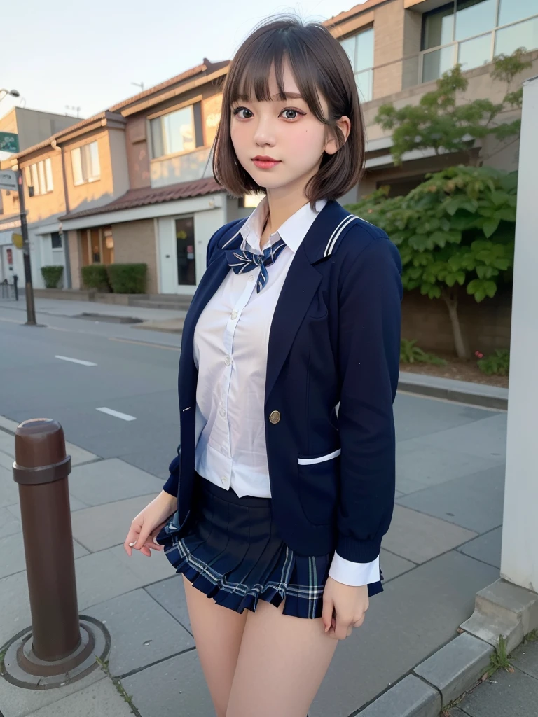 ((Best of the highest quality, 8k, Masterpiece, raw photo: 1.2)), (Sharp focus: 1.2), (1 AESPA, slim body type female, 21 y/o: 1.1), (Solo: 1.28), (realistic, photo-realistic:1.37), face focus, cute face, finely eyes, (droopy eyes: 1.32), (Emphasize prominent aegyo-sal with bright: 1.2), shimmering eyeshadow applied under the lower lash line, paired with thick, (small breasts, flat chest, Thigh: 1.3), (short messy hair, bangs: 1.28), (wearing navy blazer school uniform, skirt: 1.32), (ribbon: 1.1), walking terrace dining, flower, (skirt is rolled up by the wind, from below: 1.12)