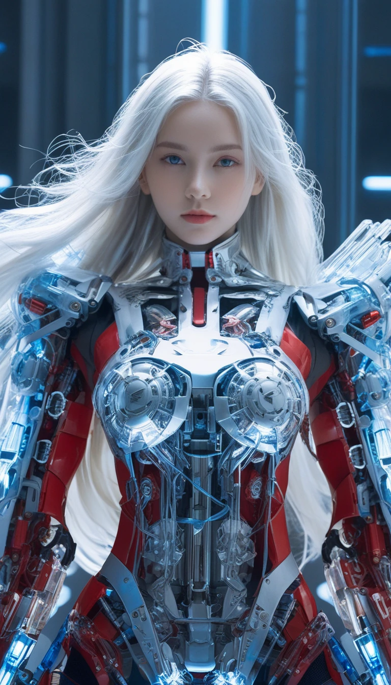 front_view, masterpiece, best quality, Reality, RAW photos, (1 girl, looking at viewer), long hair, Transparent glass mecha, complex texture, Delicate blue filigree, intricate filaments, red metal parts, detail, Dynamic poses, Detailed background, Dynamic Lighting,white hair blue eyes