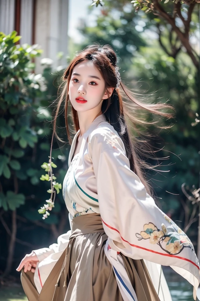 fullfbody of 1girl, (8k, best quality, masterpiece), (realistic, photo-realistic:1.37), hanfu clothes, cute and innocent, turnaround pose, her skirt flowing, wind flow, ultra-detailed, photorealism