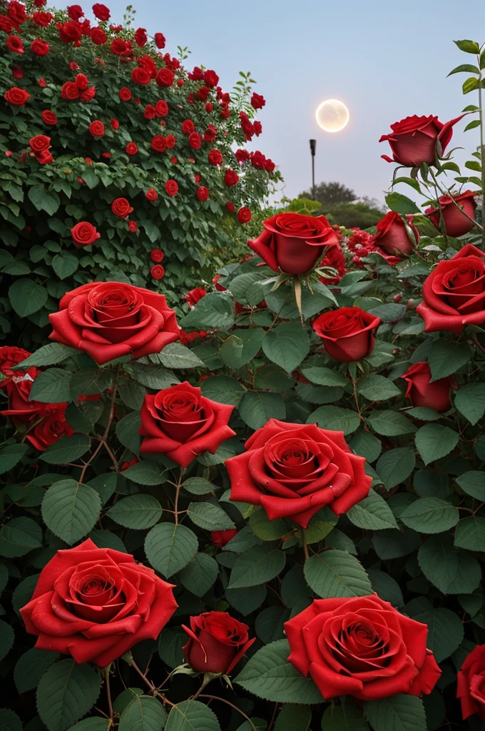 Beautiful garden with bright flowers | Rose bush with bright red flowers | broken flower with drops of blood.
waning moon. 