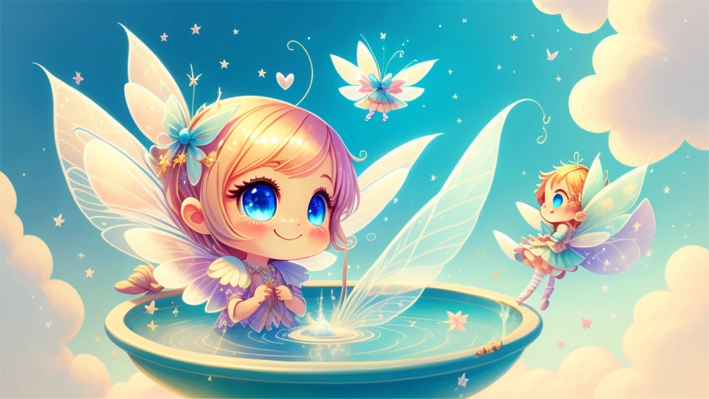 Cute s, light colors hair, blue eyes, gossamer,illustration, A masterpiece in bright light, stunning art! The art of magic, fairy tale artwork, inspiring art, exquisite artwork high quality、masterpiece、Sparkling fairies、smile、fairy flying in the sky、Fairies fly in the sky、flight、The fairy fountain also floats 10 meters in the air、