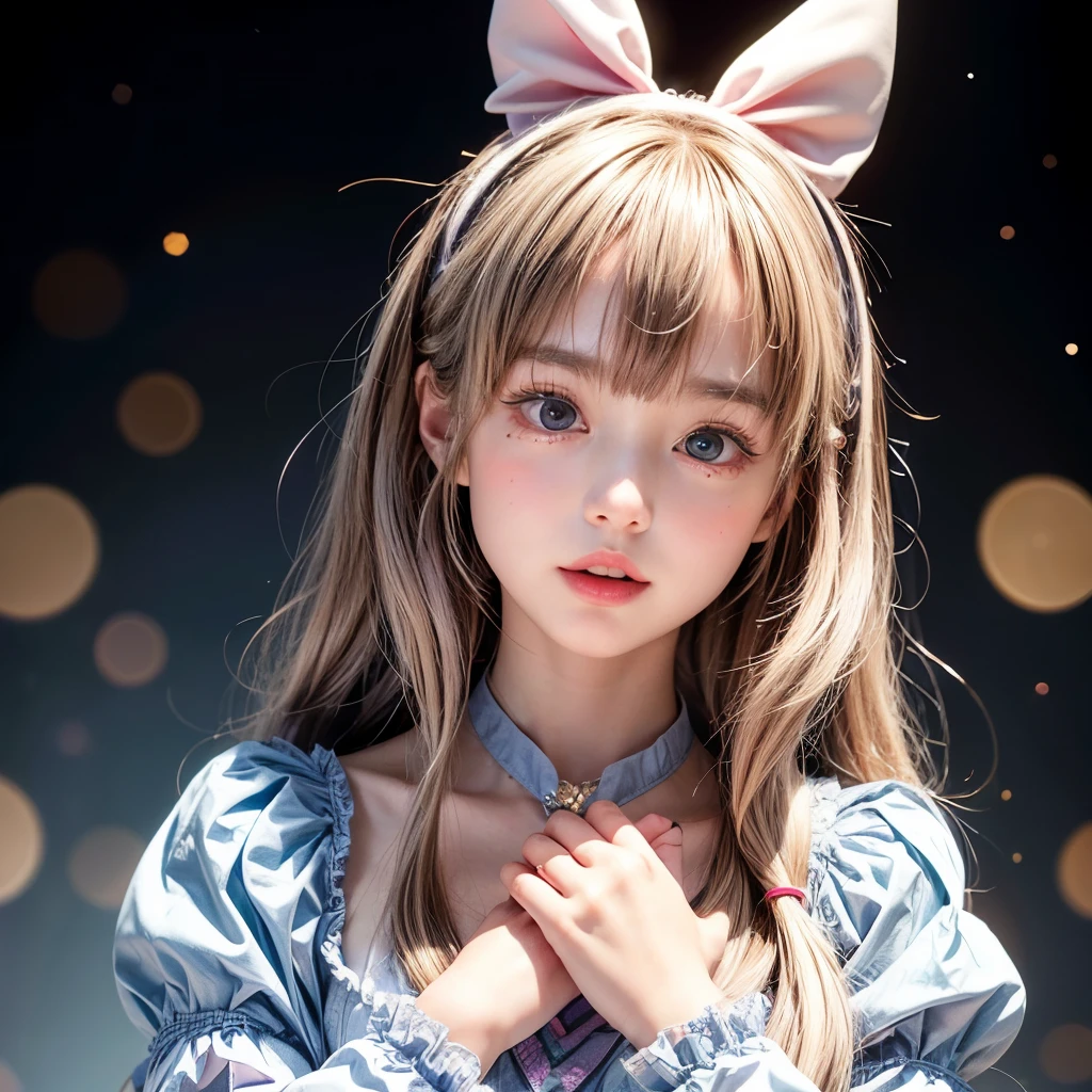 NSFW, 8k, High-level, absurd, masterpiece, best quality, primitive, very detailed CG, very detailed wallpaper, perfect lighting, Extremely detailed (((The personifying " Alice in Wonderland " as a Little Girl))), MysticSight, Tyndall effect, Tyndall scattering, Studio gray background with (many Dazzling RainbowColor particles BokeH:1.28), (RoundlyButts, ThighGap), (Exposed:0.4), (Assfocus with looking ahead), BREAK (NOGIZAKA face variations) Extremely Detailed very KAWAII face variations, perfect anatomy, Childish, captivating gaze, elaborate detailed Eyes with (sparkling highlights:1.28), long eyelashes、Glossy RED Lips with beautiful details, Coquettish tongue, Rosy cheeks, Radiant PearlSkin with clear transparency . { (Dynamic LifeLike expressions:1.4) | :d) }, (large eyes:-1) .