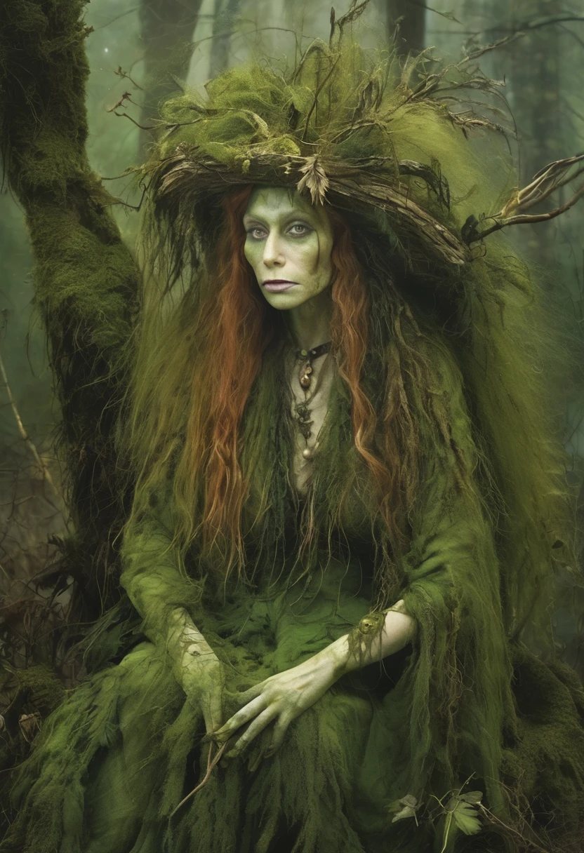 Swamp Witch. Green skin. Fantastic winter twig creatures in the forest, Portrait of a person, Forest Background by Wendy Froud, Donata Giancarlo's style featured on ZBrush Central, Fantasy art, Wild rave outfits, Anthropomorphic, Psychic Trance, flora, 4K Octane Rendering, Fantasy art.