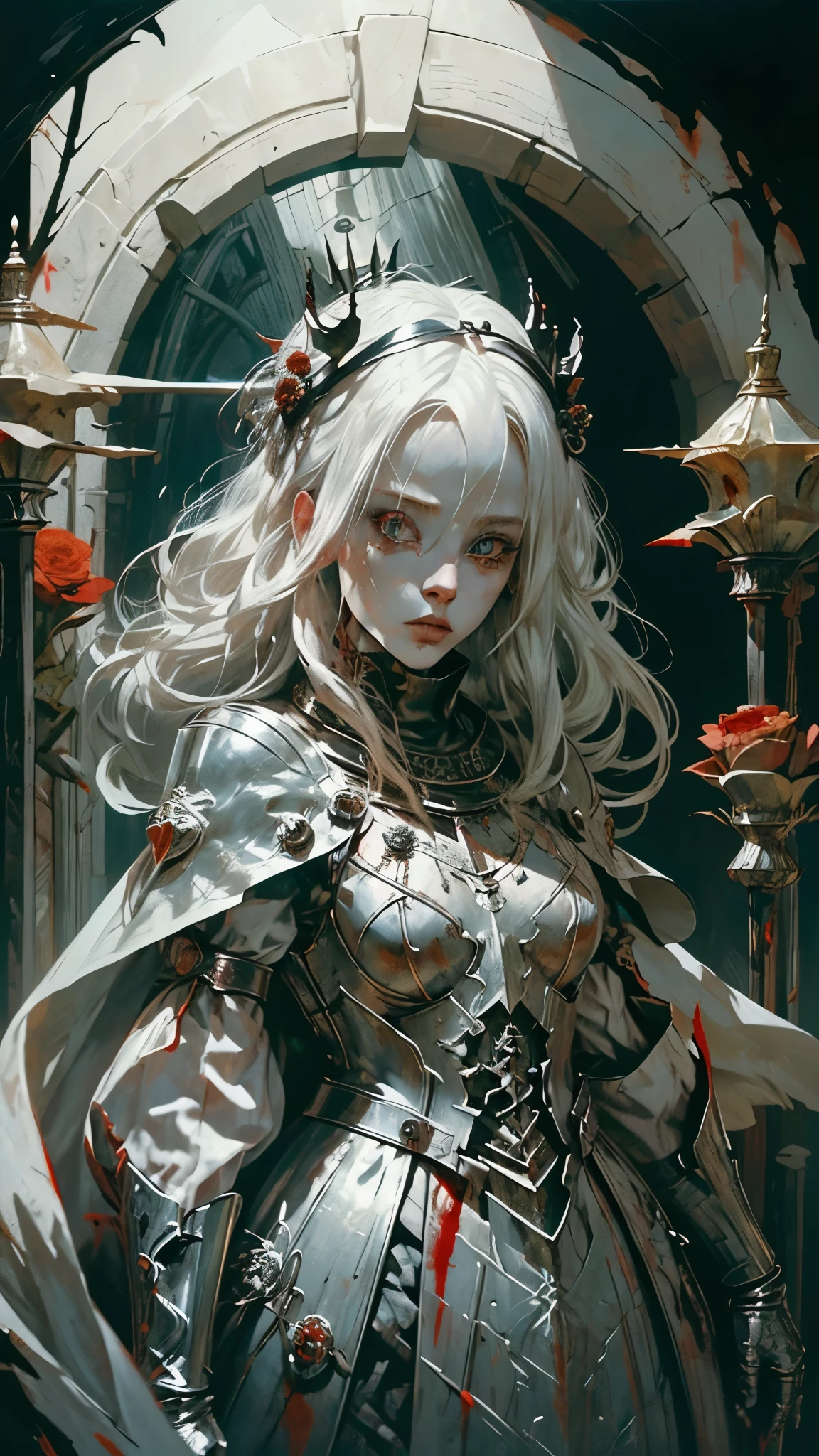 a witch girl ,white hair with pale skin,wearing a red dress with pieces of metal armor,dark crown on head,holding a bouquet of colorfull flowers,starring at camera,crying blood,dark fantasy,medieval,dark souls,elden ring,(blood: 1,5),detailed,realistic,4K