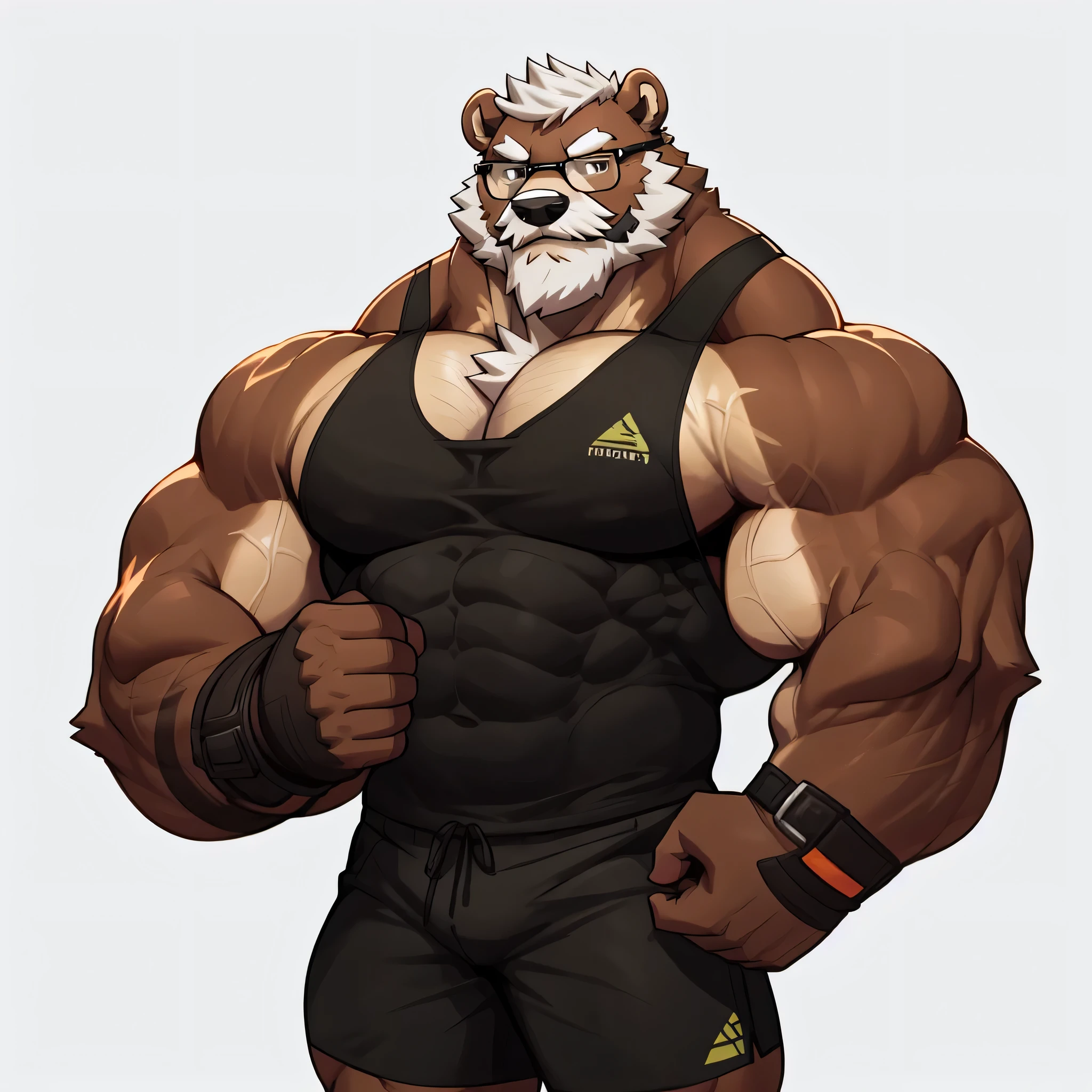 solo, 1boy, Huge Muscular Old Grizzly Bear wearing glasses , pectoral, huge pectoral, wide pectoral, short white hair, short pants, black wristbands and tank top , bearded, Mustache, simple background, masterpiece, high detailed, 8k, high resolution, at the gym, flexes huge muscles