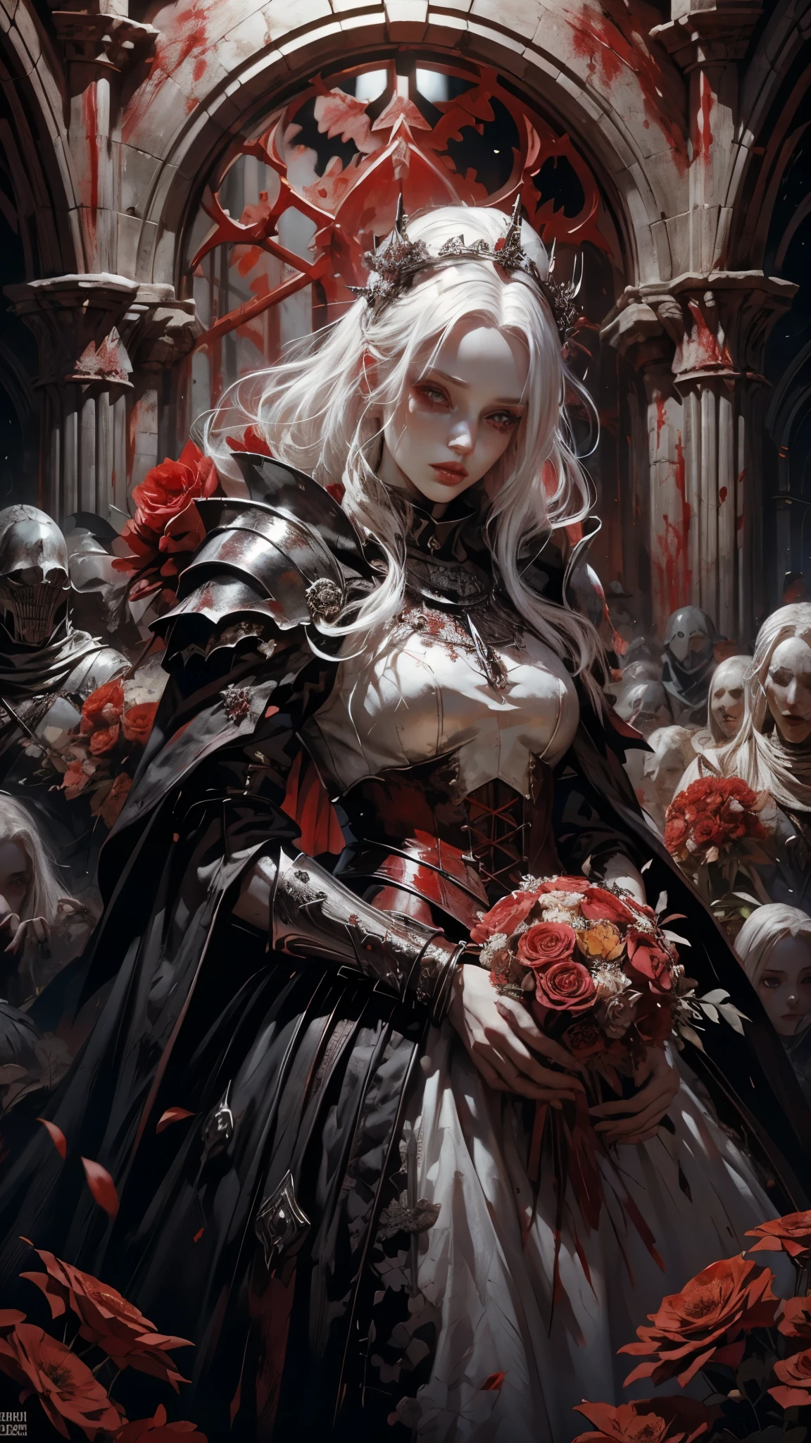 a witch girl ,white hair with pale skin,wearing a red dress with pieces of metal armor,dark crown on head,holding a bouquet of colorfull flowers,starring at camera,crying blood,dark fantasy,medieval,dark souls,elden ring,(blood: 1,5),detailed,realistic,4K