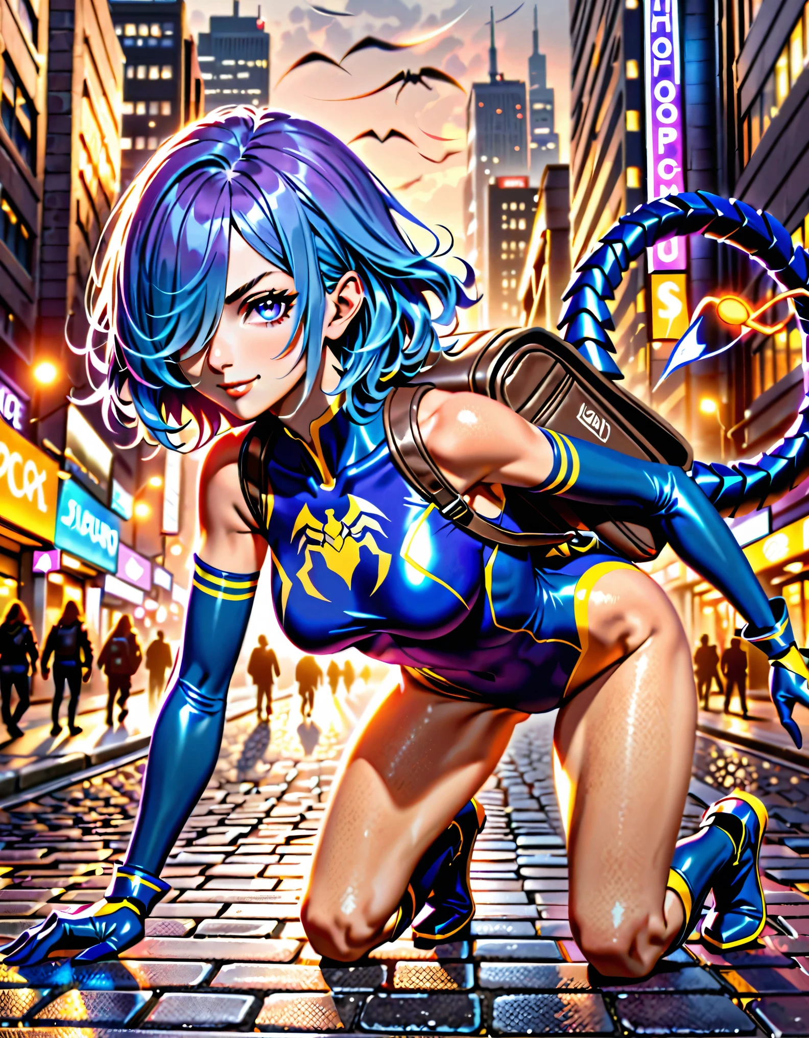 (masterpiece, best quality, high quality, highres:1.4), detailed, extremely detailed, ambient soft lighting, 4K, 1lady, solo, solo focus, beautiful french woman, perfect anatomy, medium breasts, (leotard, purple and blue leotard with white accents, bare legs), ((yellow scorpion (symbol) on chest)). boots, matching boots, (perfect hands:1.2), gloves, matching gloves, blue hair, medium hair, (hair over one eye:1.3), purple eyes, beautiful detailed eyes, beautiful detailed face, full body. (crawling on all fours, crawling position). v-shaped eyebrows, smile, (city backdrop, pavement), (rear-view, back view), (metal backpack, robot scorpion tail from her backpack), smoke particles. full body costume design.
