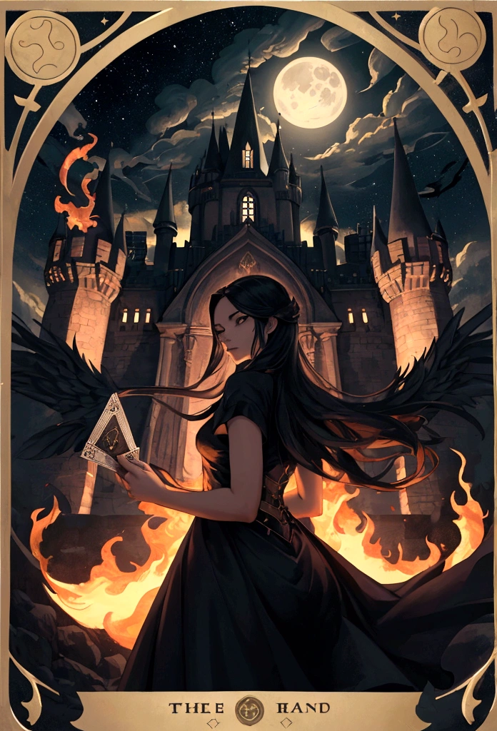 Create a high-resolution texture for a tarot card depicting a castle in two different dimensions by a black line seperate perfectly on the middle, like a parallel world. The left half of the card shows the castle under a bright sun, appearing warm and wealthy, with lush surroundings and vibrant colors. The right half of the card shows the same castle under the fire and at night with the moon, engulfed in flames and darkness, with a foreboding atmosphere. Each of the four corners of the card features cloud patterns, and there are stripes running under the clouds that connect with each other, creating a unified border design. The overall aesthetic should blend mystical and dramatic elements to convey the contrast between the two dimensions.