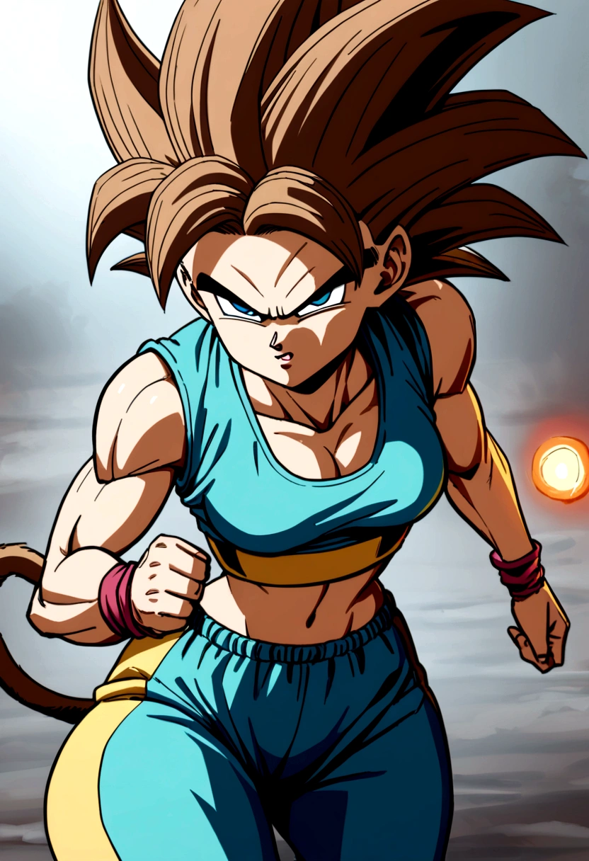 80s dragon ball style, slender , short, saiyan woman, long brown hair with bangs, blue eyes, mokey tail, determined look, crop top and jogging pants