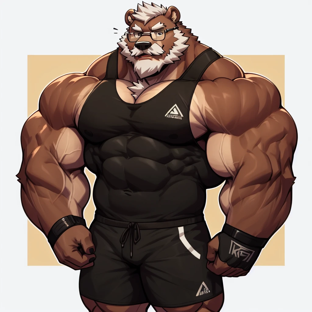 solo, 1boy, Huge Muscular Old Grizzly Bear wearing glasses , pectoral, huge pectoral, wide pectoral, short white hair, short pants, black wristbands and black tank top , bearded, Mustache, simple background, masterpiece, high detailed, 8k, high resolution, at the gym, flexes huge muscles