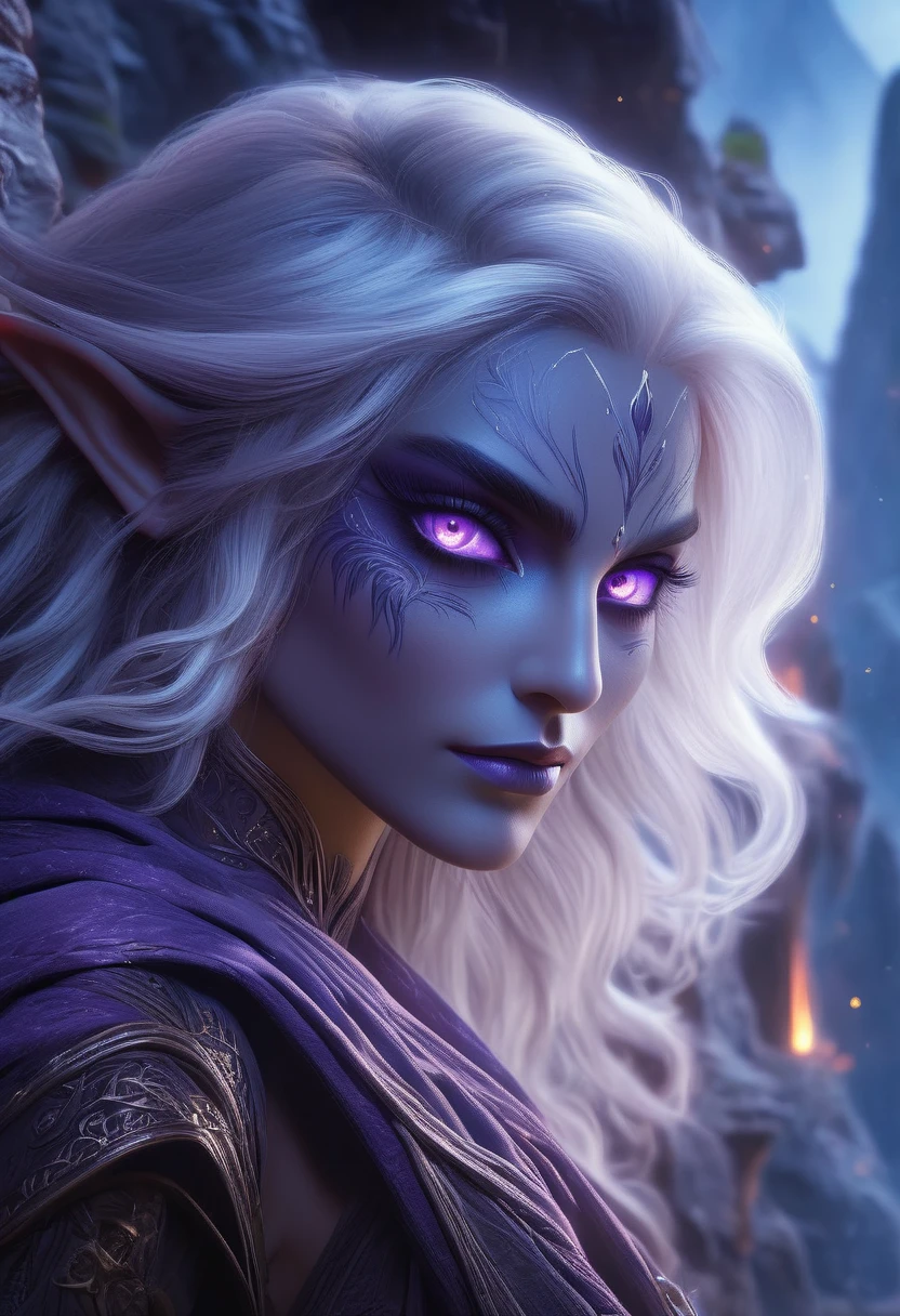 (best quality,4K,8K,high resolution,masterpiece:1.2),Extremely detailed,(Practical,photoPractical,photo-Practical:1.37), A young and beautiful female dark elf mage，He has long flowing hair, Elegant robes, and a mysterious atmosphere, (intricate magical effects:1.4), (glowing magical energy:1.5), detailed fantasy landscape with towering mountains, Dense forest, and magical ruins, light, Dramatic camera angles, (best quality,4K,8K,high resolution,masterpiece:1.2),Extremely detailed,(Practical,photoPractical,photo-Practical:1.37),fantasy, magic, highly detailed magical girl beautiful detailed eyes, Beautiful and delicate lips, Extremely detailed eyes and face, Long eyelashes, 戏剧light, Composition, Dynamic poses, Stunning colors, number, Beautiful purple eyes, magic wand, Tight and beautiful thighs, Symmetrical face