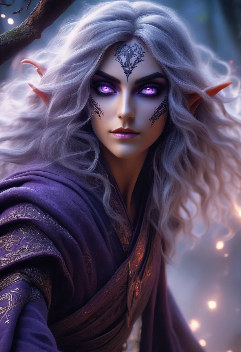 (best quality,4K,8K,high resolution,masterpiece:1.2),Extremely detailed,(Practical,photoPractical,photo-Practical:1.37), A young and beautiful female dark elf mage，He has long flowing hair, Elegant robes, and a mysterious atmosphere, (intricate magical effects:1.4), (glowing magical energy:1.5), detailed fantasy landscape with towering mountains, Dense forest, and magical ruins, light, Dramatic camera angles, (best quality,4K,8K,high resolution,masterpiece:1.2),Extremely detailed,(Practical,photoPractical,photo-Practical:1.37),fantasy, magic, highly detailed magical girl beautiful detailed eyes, Beautiful and delicate lips, Extremely detailed eyes and face, Long eyelashes, 戏剧light, Composition, Dynamic poses, Stunning colors, number, Beautiful purple eyes, magic wand, Tight and beautiful thighs, Symmetrical face