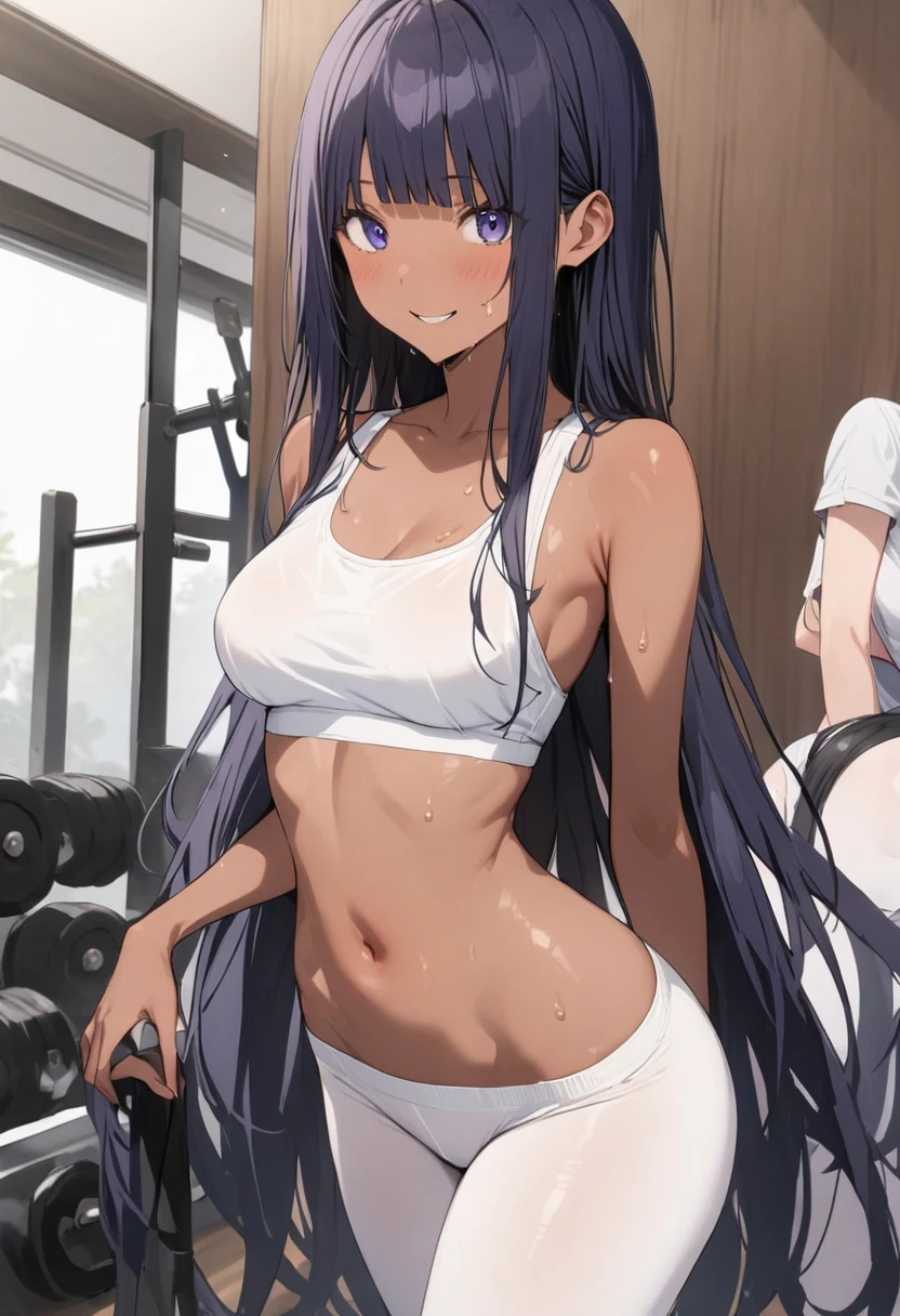 (((masterpiece, Highest quality:1.5,absurdres))),25 year old beauty,(dark blue hair),((very small head:1.3)),long hair,bangs,dark blue eyes,gorgeous eyes,smile,medium breasts,((very long body:1.3)),((toned body,slender body)),skinny,(((tan skin:1.3))),gleaming skin,shiny skin,sweat,White sports bra、White sports shorts、During training、sports gym、