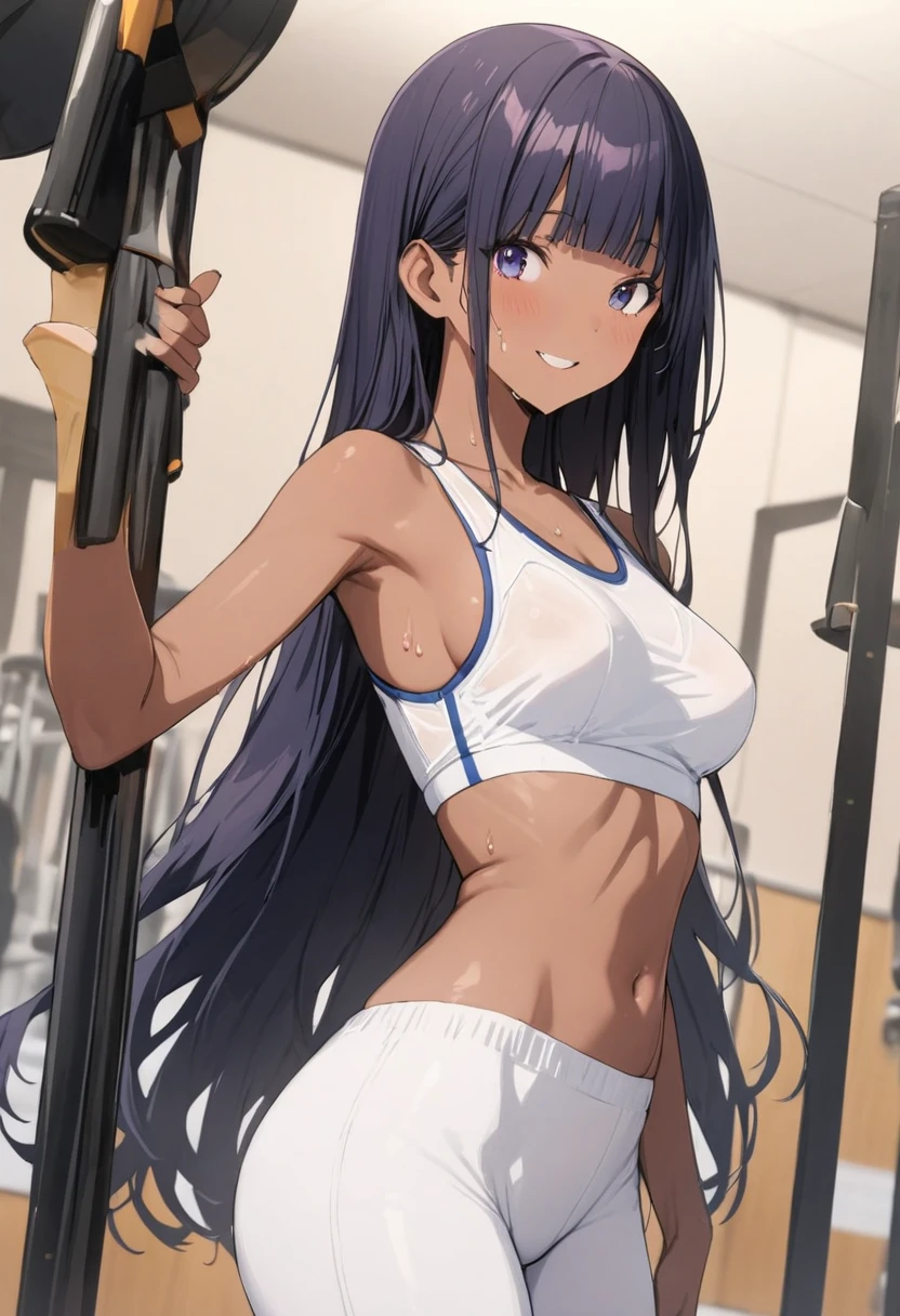 (((masterpiece, Highest quality:1.5,absurdres))),25 year old beauty,(dark blue hair),((very small head:1.3)),long hair,bangs,dark blue eyes,gorgeous eyes,smile,medium breasts,((very long body:1.3)),((toned body,slender body)),skinny,(((tan skin:1.3))),gleaming skin,shiny skin,sweat,White sports bra、White sports shorts、During training、sports gym、