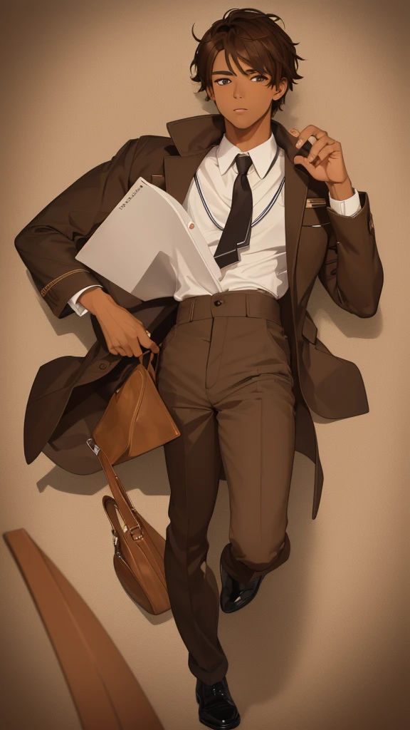 (masterpiece), best quality, expressive eyes, perfect face, (((1guy))), full body, (((brown skin))), brown hair, student uniform,