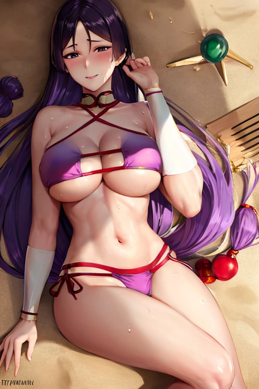 masterpiece, best quality, beautiful art, high resolution, well formed hands, body and fingers, 1 woman, solo, Minamoto no raikou adult, big breasted, cleavage, hair ornament, wearing a Tyris Flare outfit, full body, sexy and skimpy bikini, gorgeous legs and thighs , fighting in a combat match, showing her fighting skills, making her guard, about to hit the viewer, looking at the viewer, panties peeking, sweating, bouncing breasts, smiling joyfully and brightly, being confident and proud, action and fighting scene, martial arts arena with beach environment 