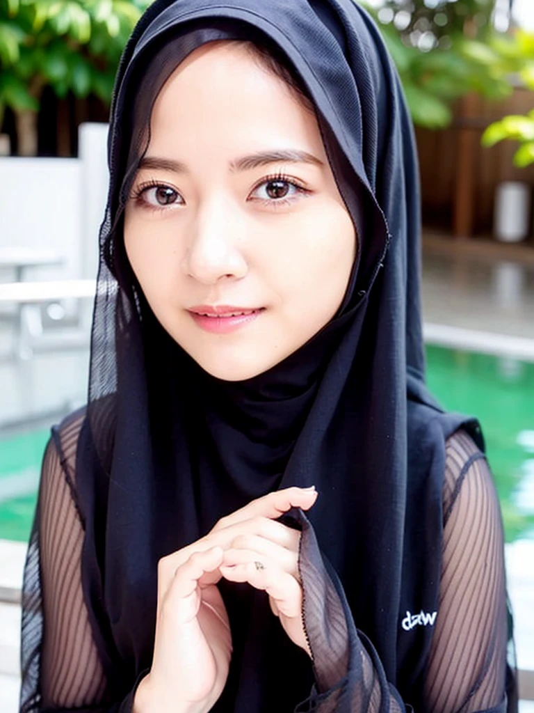 1girl, RAW photo of a 24 year old girl wearing hijab, Masterpiece, 16k, high Resolution, Ultra high Quality, super detailed background, beautiful lighting, Black hijab, solo, park, close up, Hands down, looking at viewer, Indonesia background,(No hands:1.2)