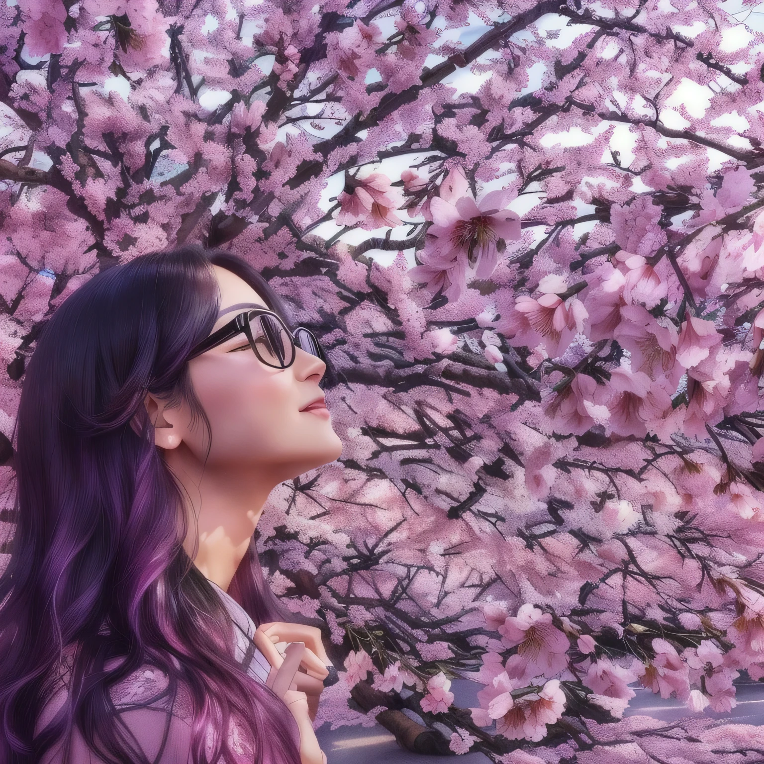 A woman in her fifties with long black hair and glasses looking up at a tree, Under the cherry tree, Cherry blossom tree in the background, sakura season, Cheerful Flower, cherry Flowers Bloom in the wind, Yoon Se-sung, Cherry blossom tree in the background, Cherry blossoms bloom, Put a flower on the heir&#39;s cheek, Blooming Ethereal Effect, Flowers Bloom, sakura petals around her