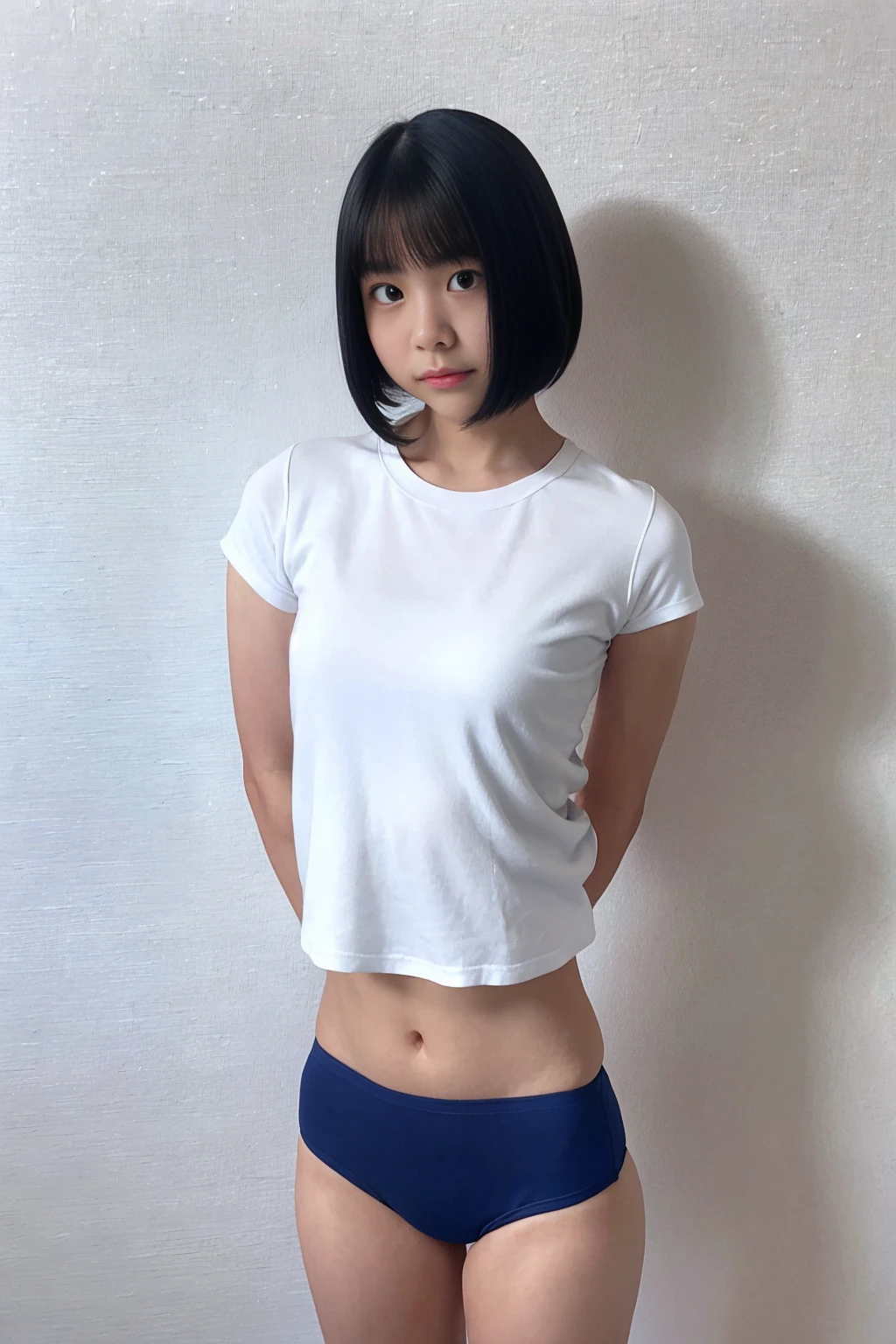 Picture taken from the front, with the left and right sides equally spaced, draw symmetrically, simple background, equally spaced left and right, stand upright, cowboy shot, (arms behind back:1.5), One girl, 18 years old, very short hair, ((white shirt, navy blue panties))