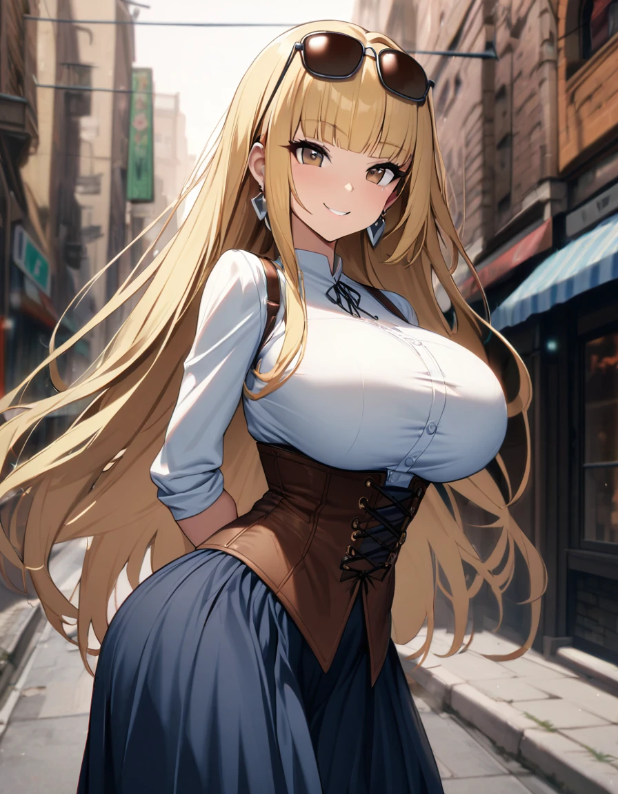 1girl,solo,blonde hair color,long hair,hime cut,light brown eyes,Sunglasses on the head,corset, long skirt,earrings,huge breasts,Whipped thighs,slender,near,street background,SFW,perfect,high quality,faultless,smile