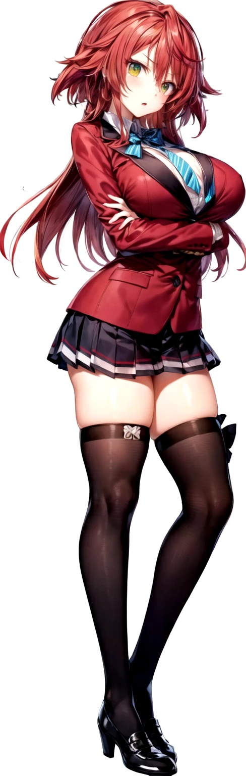 masterpiece, Highest quality, High resolution, , long red hair, Red Bow, Striped blue ribbon, blazer, Red ugly jacket, Long sleeve,  Big Breasts,Shocked face,Disdainful Eyes,Brown Skirt, Black knee socks, Arms crossed, indoor, classroom