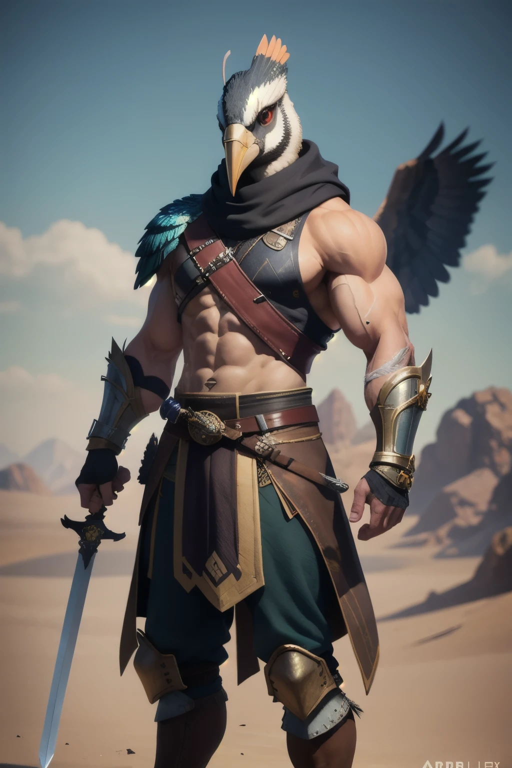 bird mask, Arafed male with a bird on his head and a sword in his hand., 3D 8k rendering character art, muscular male hero, avian warrior, black aarakocra eagle warlord, muscular character, Incredible 8K character concept art, hyper detailed fantasy character, trend in artstation:3, trend in artstation 4k, Arnold Maya rendering